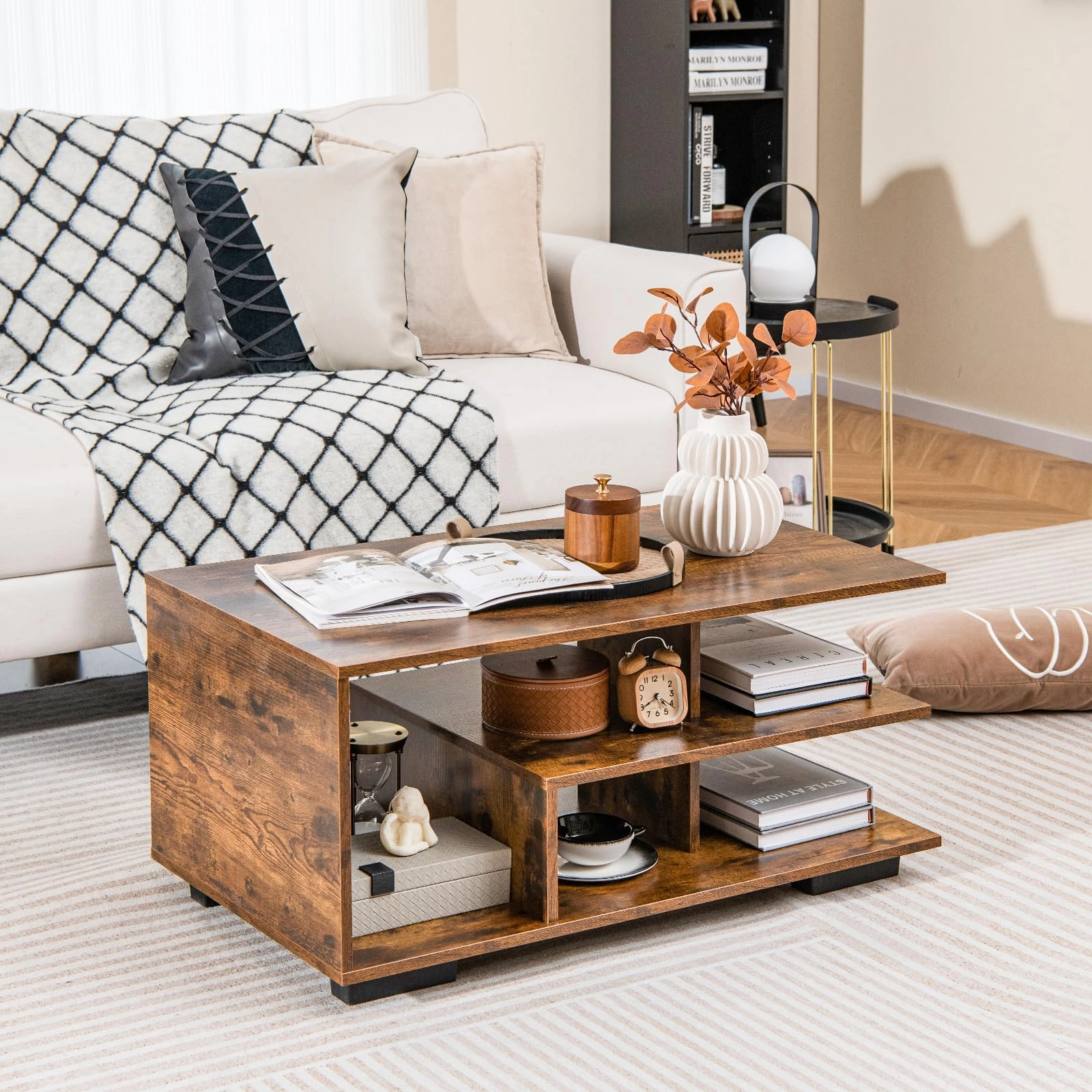 Giantex Coffee Table with Storage, Modern Rectangular Accent Table with L-shaped Middle Shelf