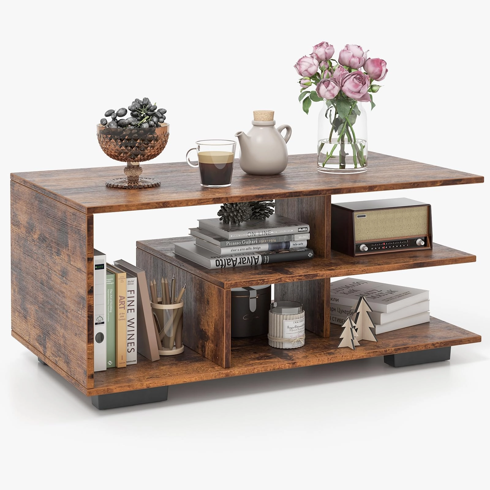 Giantex Coffee Table with Storage, Modern Rectangular Accent Table with L-shaped Middle Shelf console table, hallway table