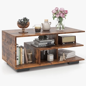Giantex Coffee Table with Storage, Modern Rectangular Accent Table with L-shaped Middle Shelf throw pillow, fuzzy blanket