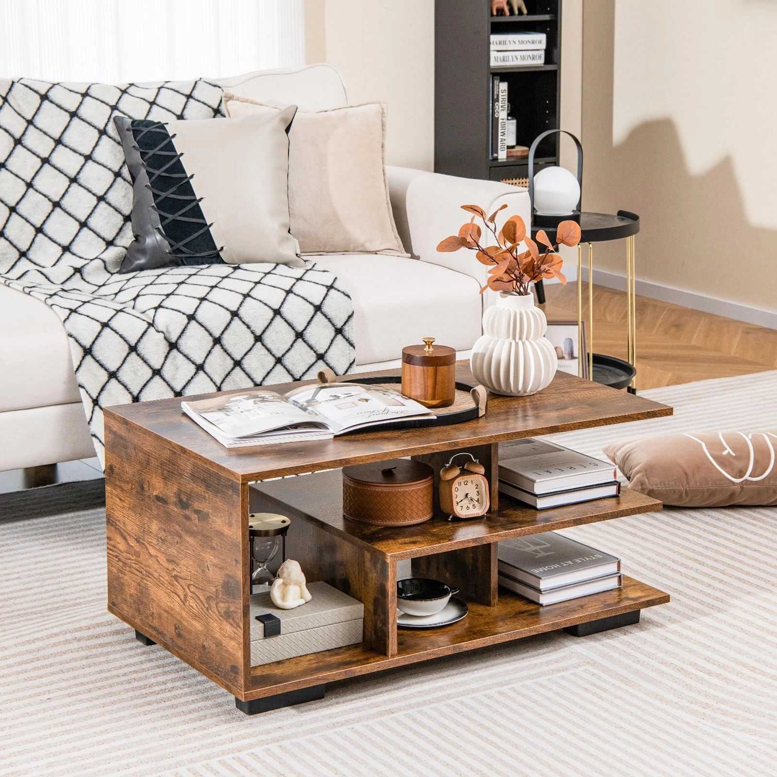 Giantex Coffee Table with Storage, Modern Rectangular Accent Table with L-shaped Middle Shelf