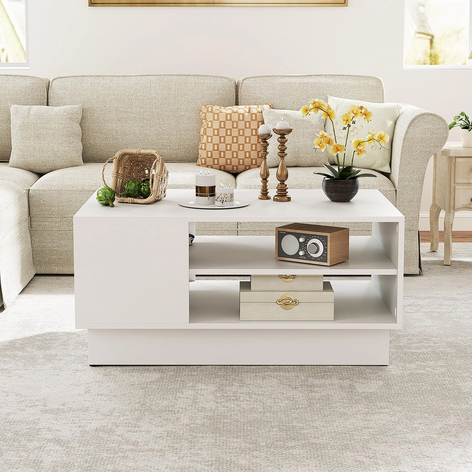 Giantex Coffee Table with Storage, Rectangle Accent Sofa Table with Shelf & Elevated Base