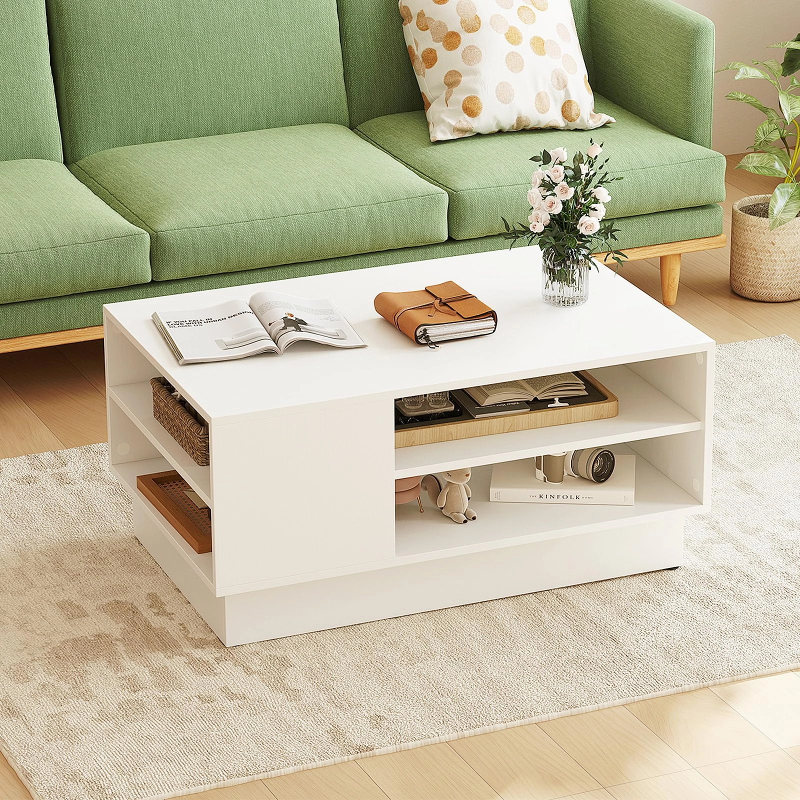 Giantex Coffee Table with Storage, Rectangle Accent Sofa Table with Shelf & Elevated Base throw pillow, fuzzy blanket