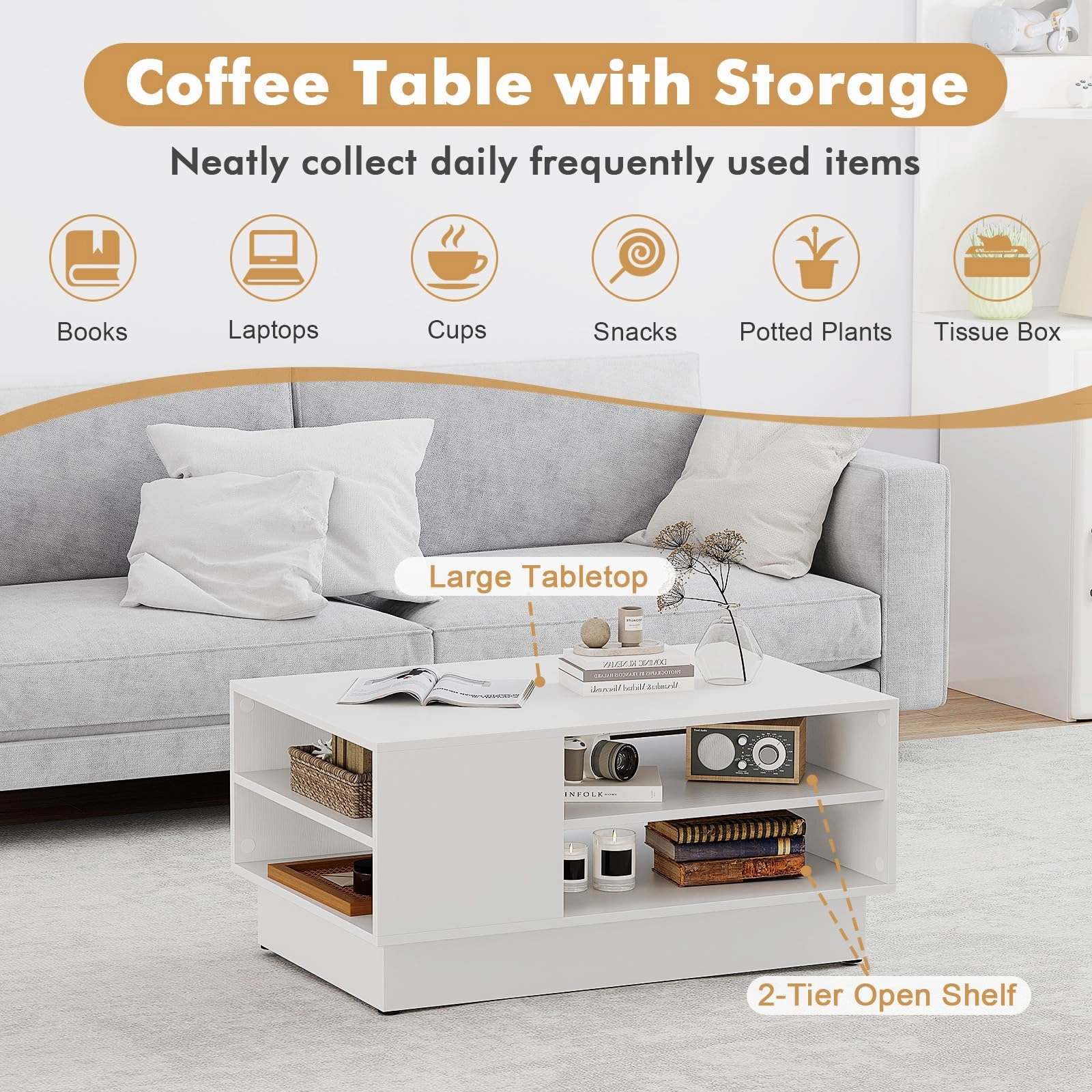 Giantex Coffee Table with Storage, Rectangle Accent Sofa Table with Shelf & Elevated Base