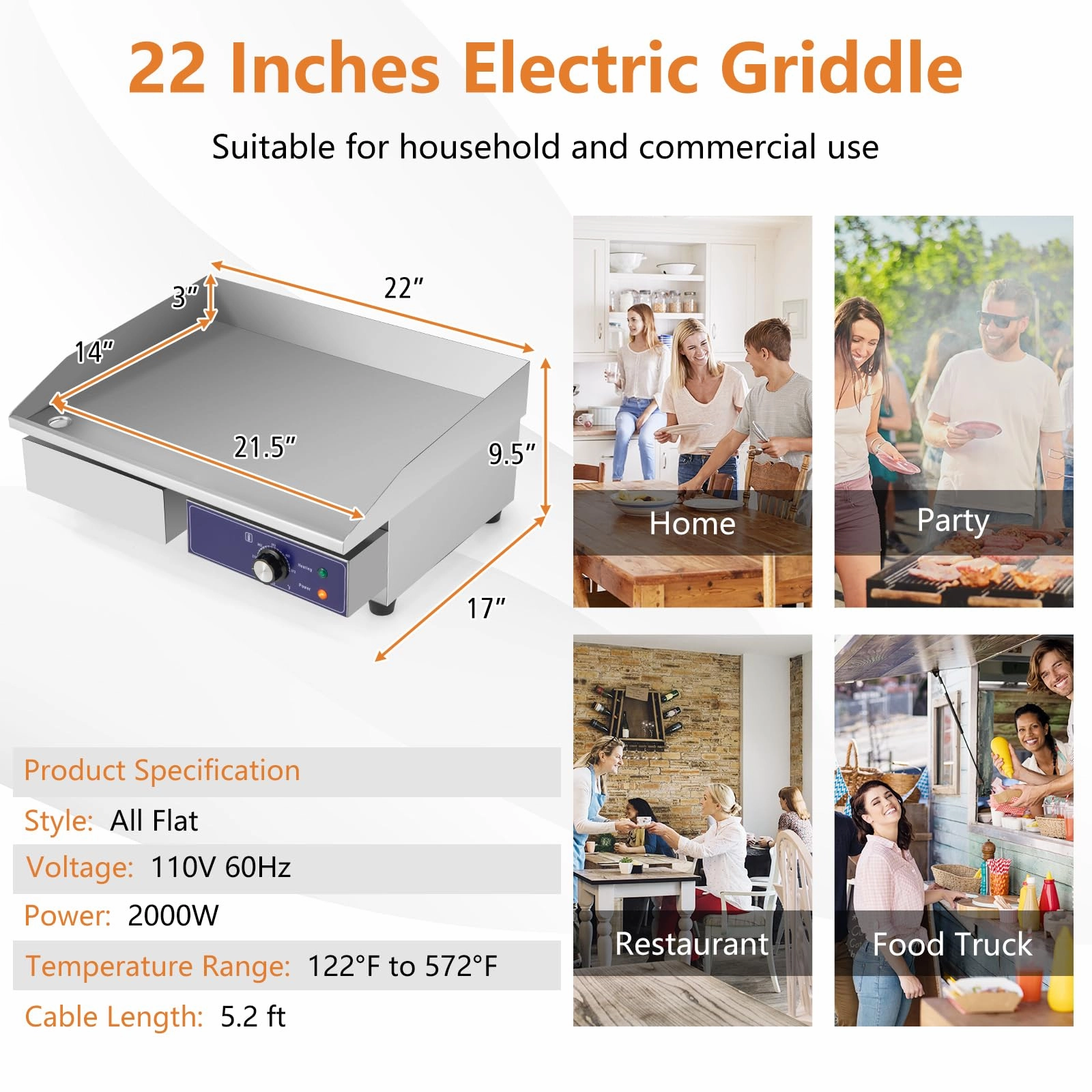 Giantex Commercial Griddle, 22" Electric Griddle 2000W, Cast Iron Griddle, Stainless Steel Frame