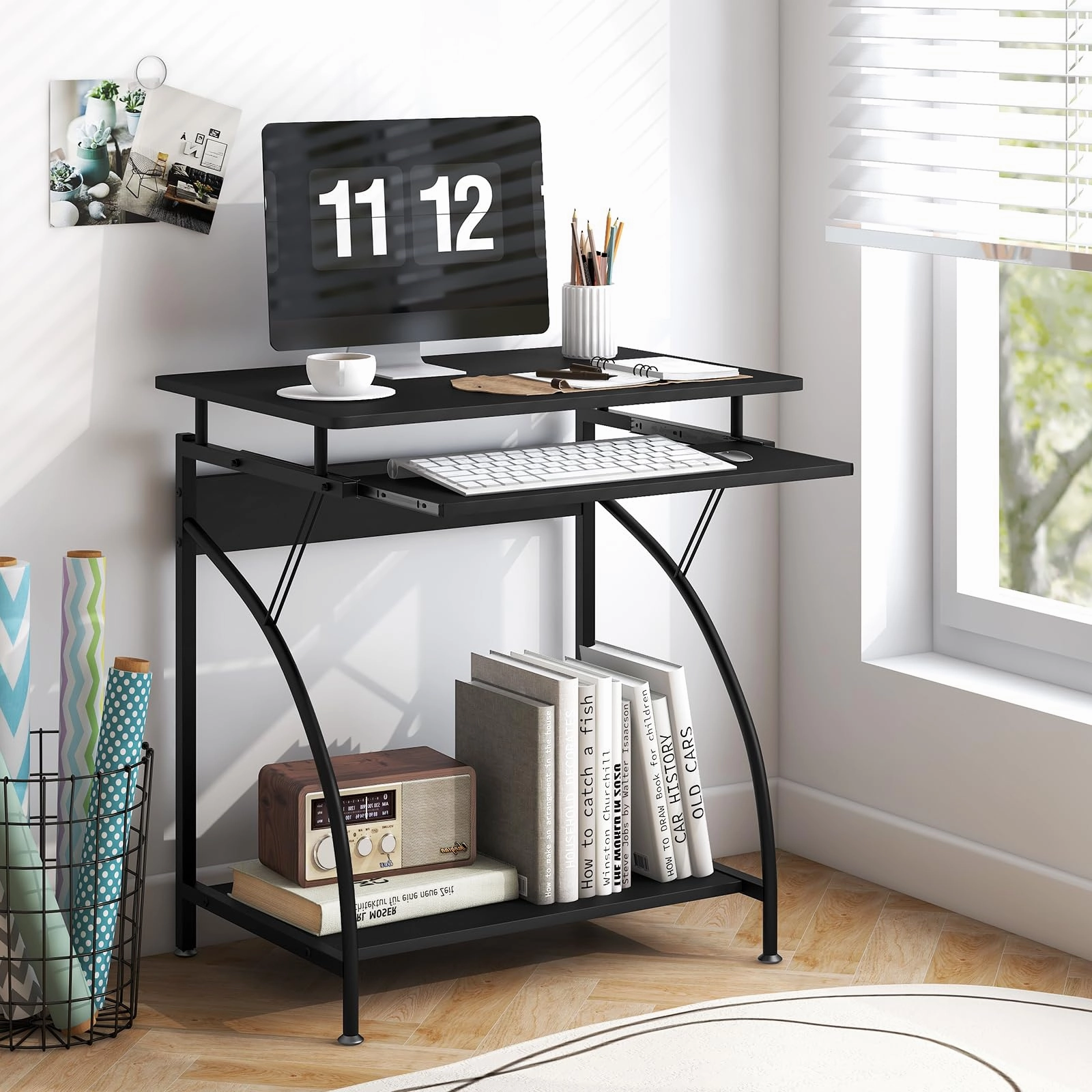 Giantex Computer Desk for Small Spaces, 27.5" Laptop Table with Pull-Out Keyboard Tray & Bottom Storage Shelf