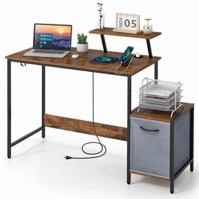 Giantex Computer Desk with Drawer and Power Outlet, Home Office Desk with Reversible Storage Drawer patio decor, garden accessories