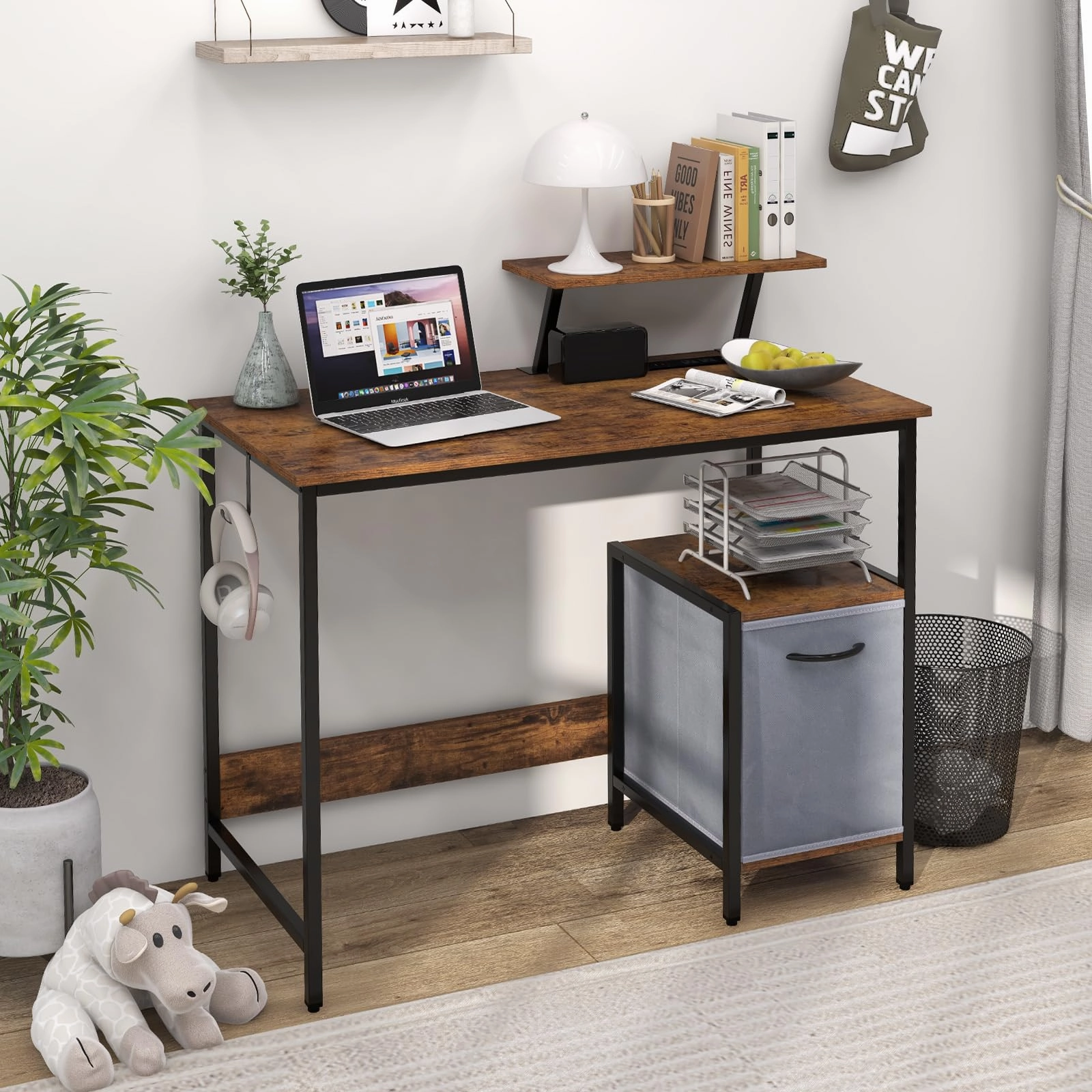 Giantex Computer Desk with Drawer and Power Outlet, Home Office Desk with Reversible Storage Drawer