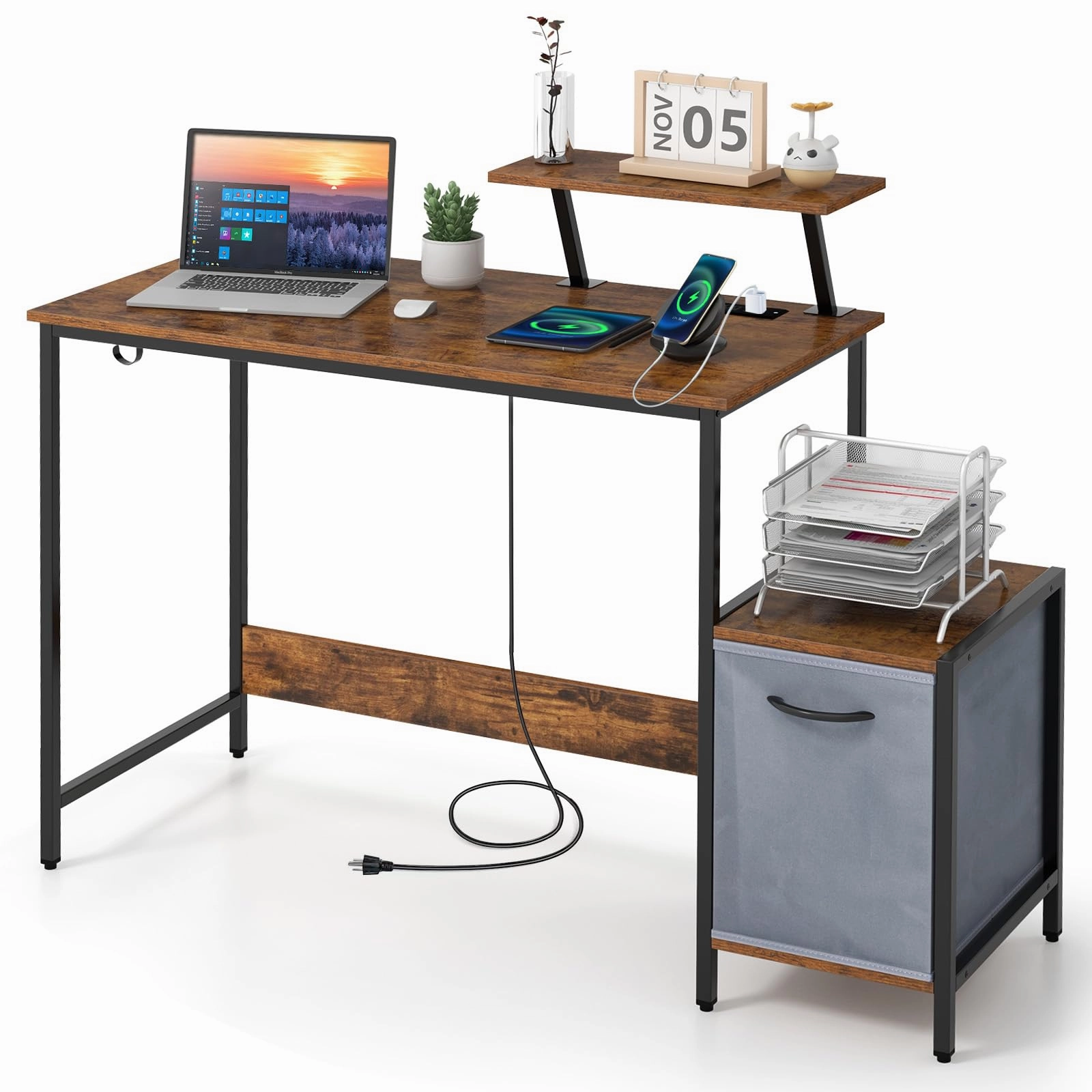 Giantex Computer Desk with Drawer and Power Outlet, Home Office Desk with Reversible Storage Drawer patio decor, garden accessories