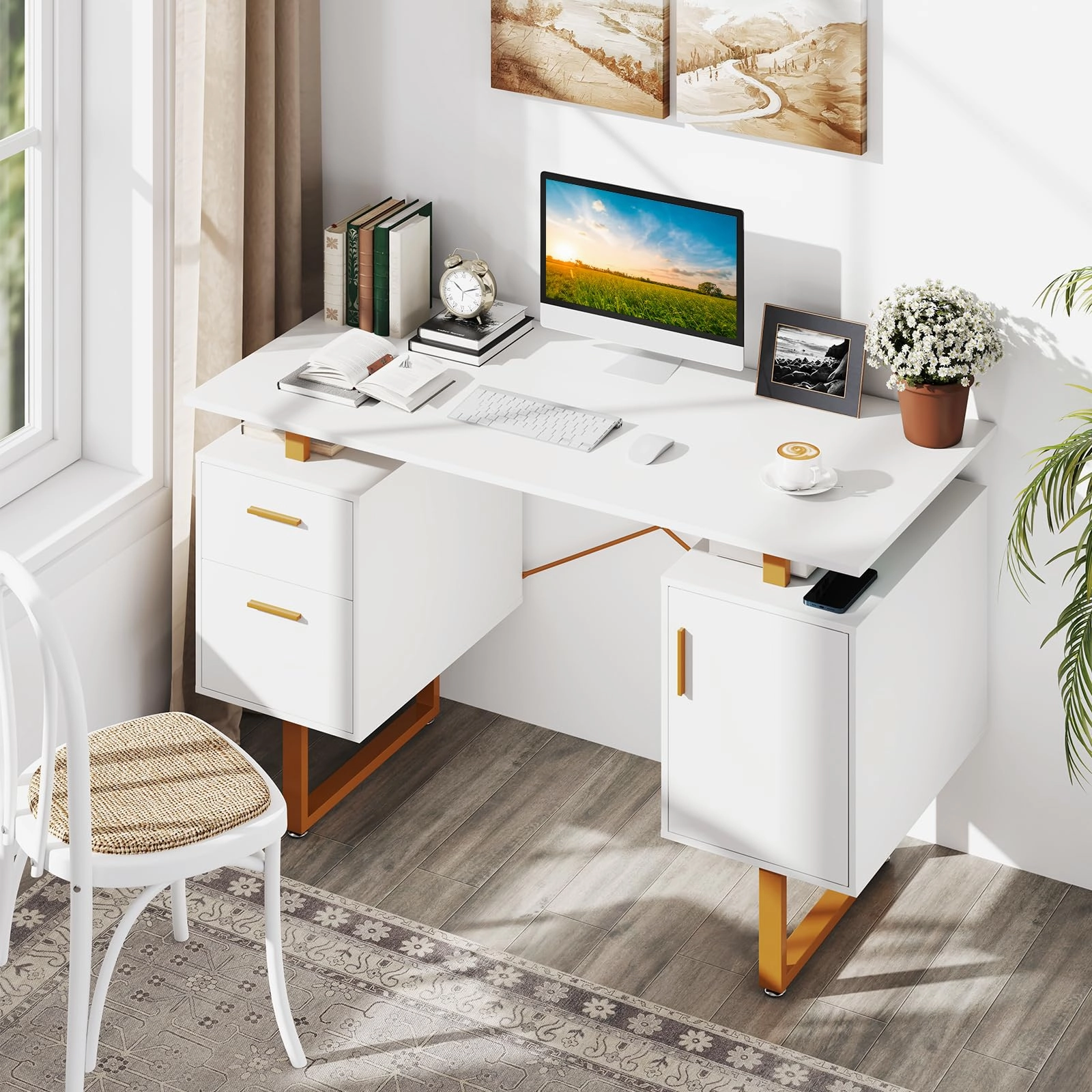 Giantex Computer Desk with Drawers & Cabinet, 51 Long Home Office Desk with Floating Desktop & Metal Frame