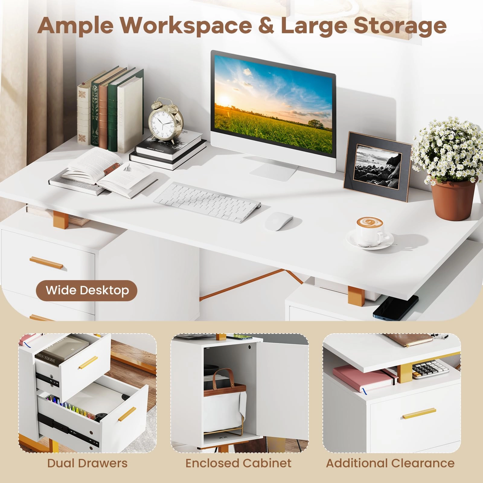 Giantex Computer Desk with Drawers & Cabinet, 51 Long Home Office Desk with Floating Desktop & Metal Frame