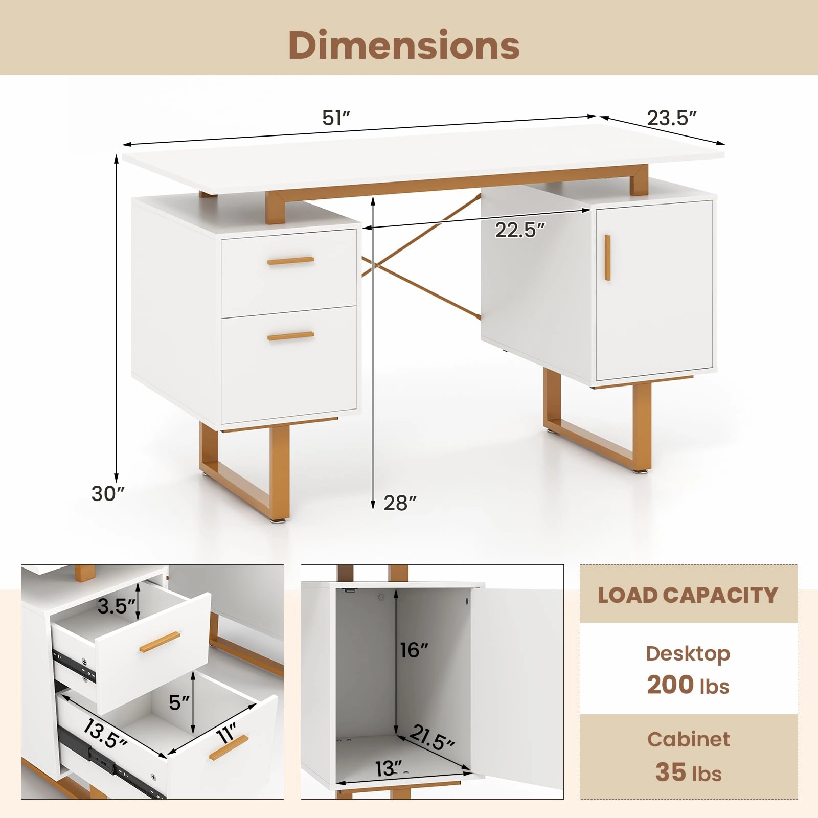 Giantex Computer Desk with Drawers & Cabinet, 51 Long Home Office Desk with Floating Desktop & Metal Frame