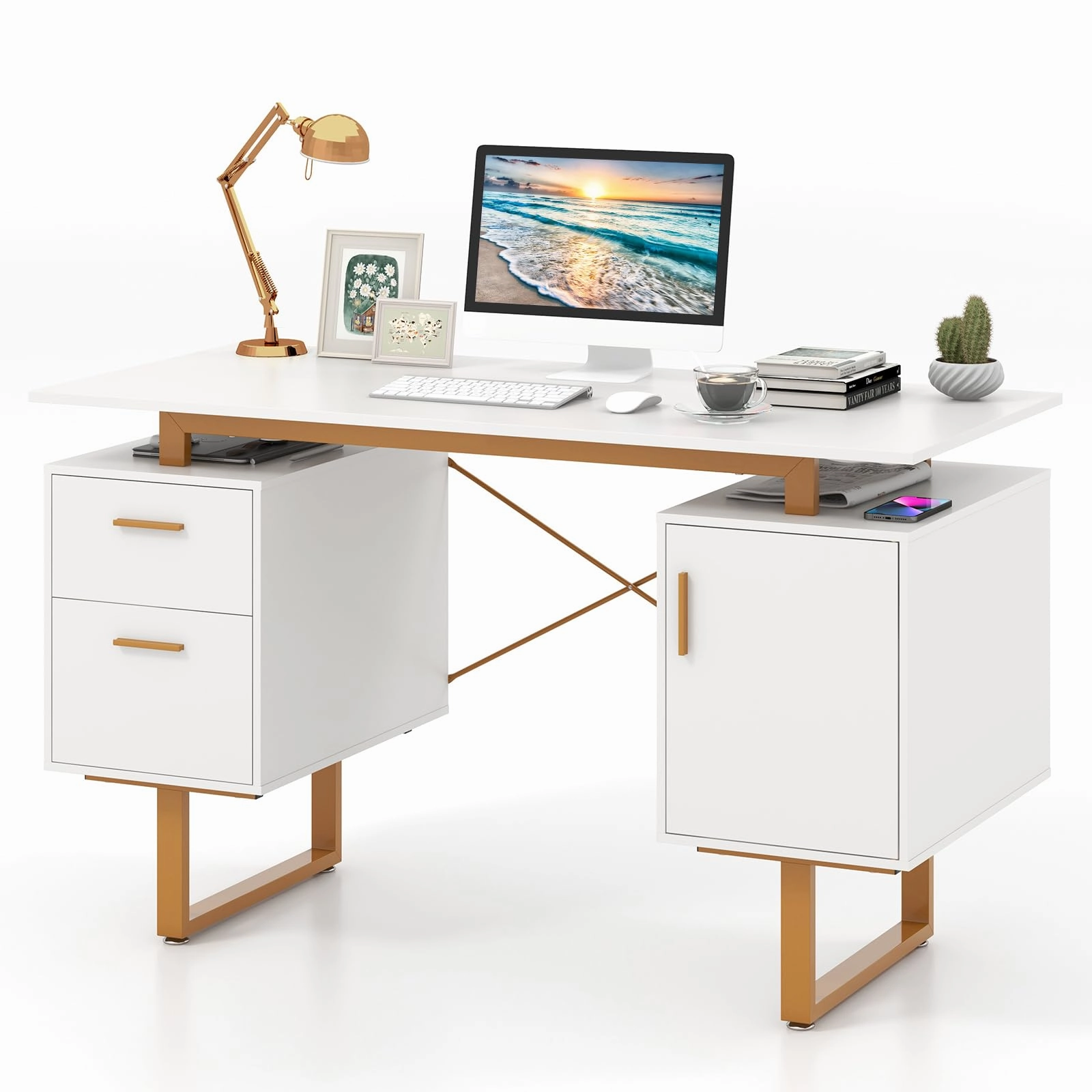 Giantex Computer Desk with Drawers & Cabinet, 51 Long Home Office Desk with Floating Desktop & Metal Frame