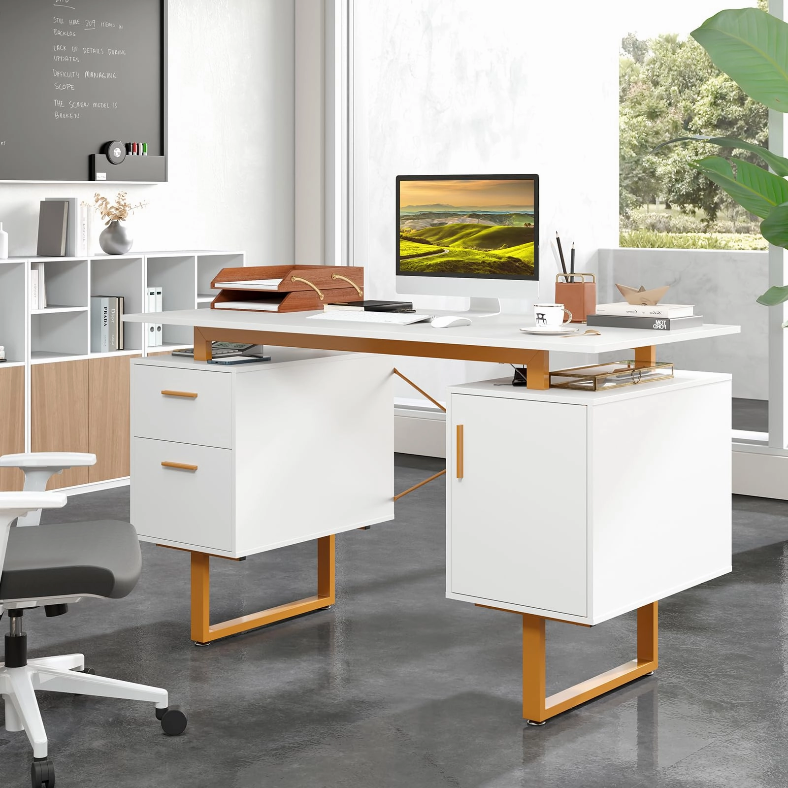 Giantex Computer Desk with Drawers & Cabinet, 51 Long Home Office Desk with Floating Desktop & Metal Frame