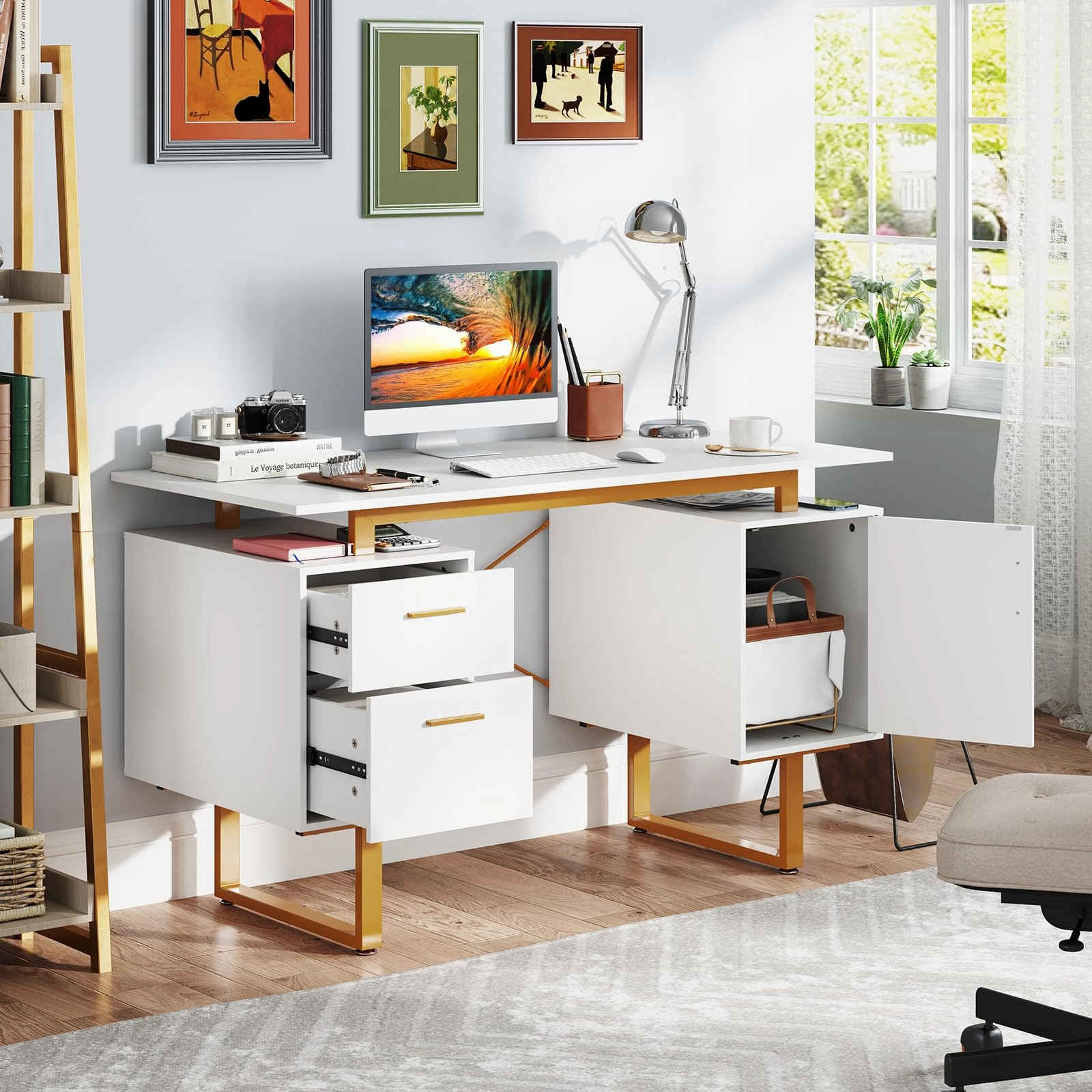 Giantex Computer Desk with Drawers & Cabinet, 51 Long Home Office Desk with Floating Desktop & Metal Frame