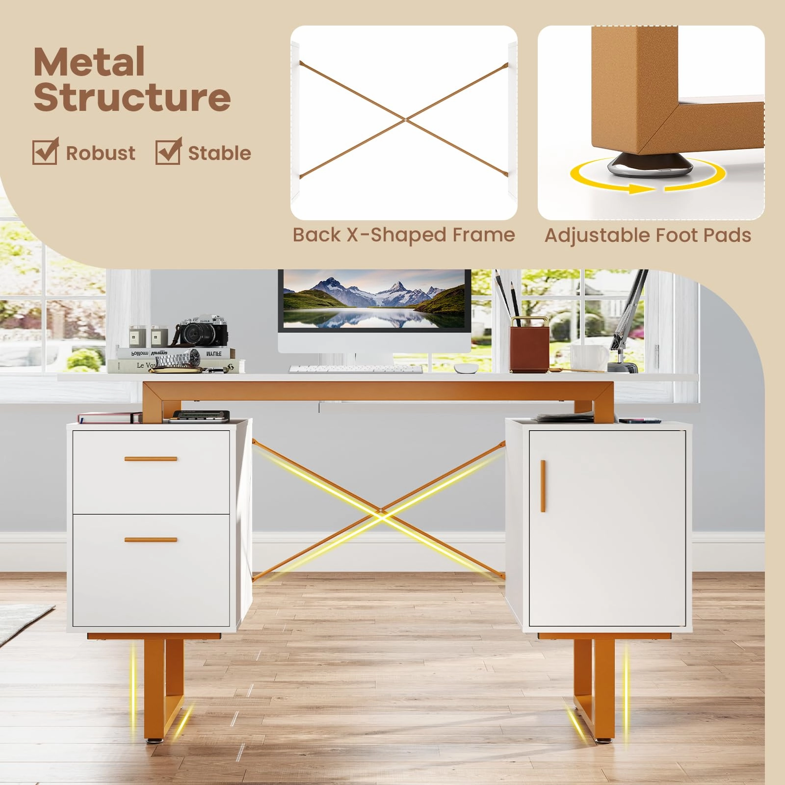 Giantex Computer Desk with Drawers & Cabinet, 51 Long Home Office Desk with Floating Desktop & Metal Frame