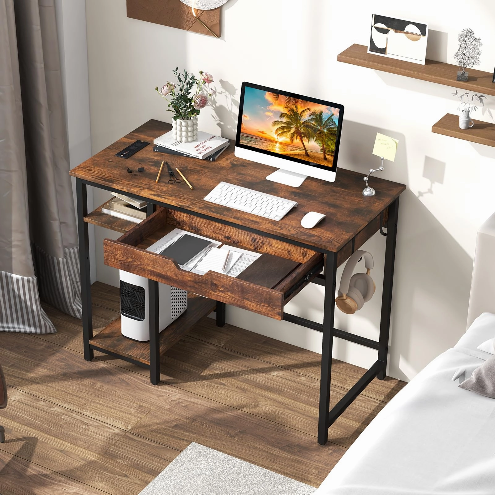 Giantex Computer Desk with Drawers and Power Outlets
