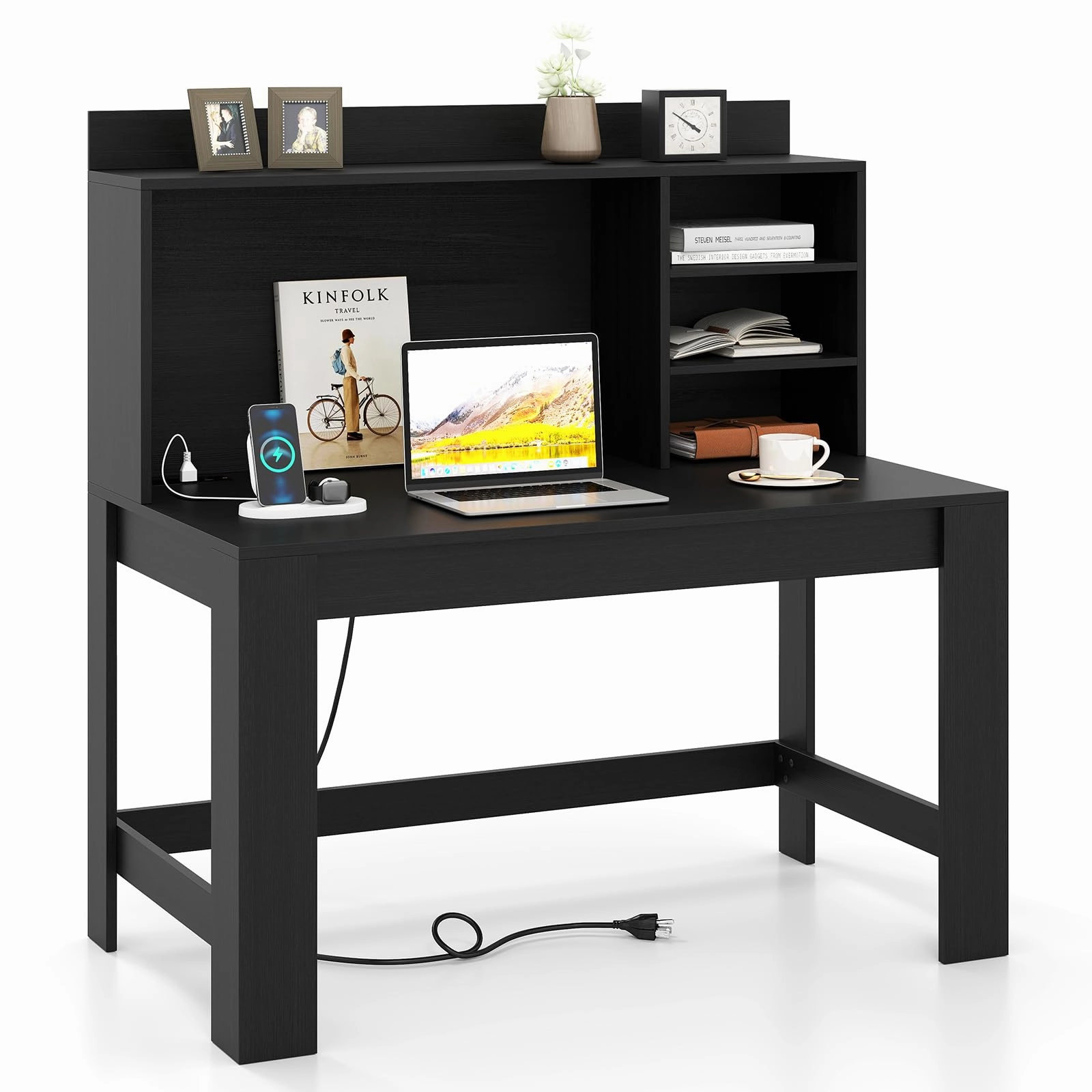 Giantex Computer Desk with Hutch, Modern Home Office Desk with Power Outlets, Storage Shelves & Cable Hole