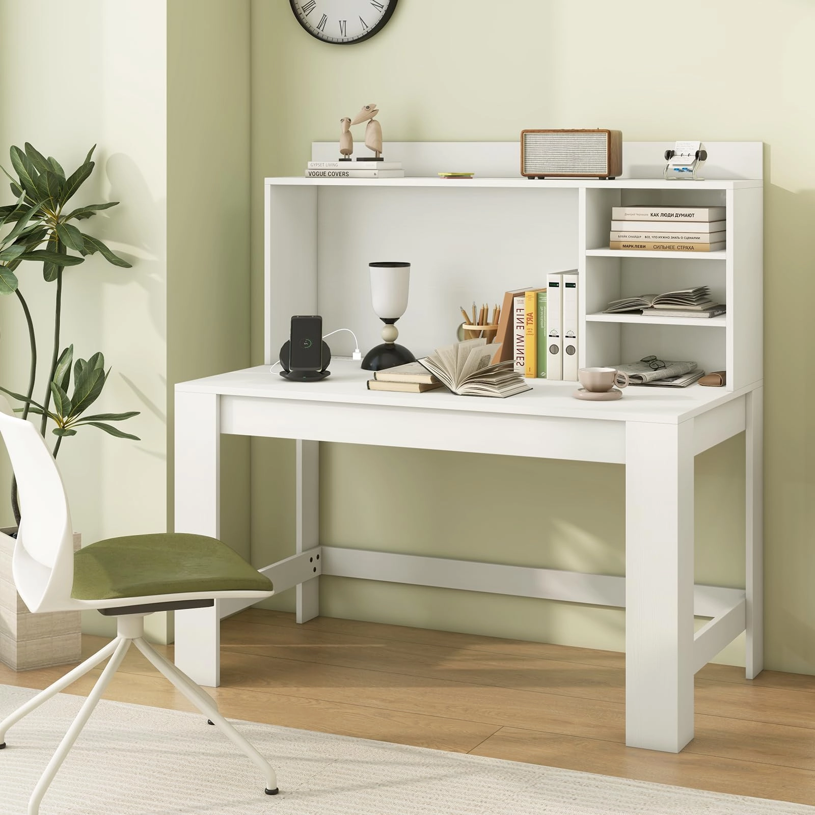 Giantex Computer Desk with Hutch, Modern Home Office Desk with Power Outlets, Storage Shelves & Cable Hole