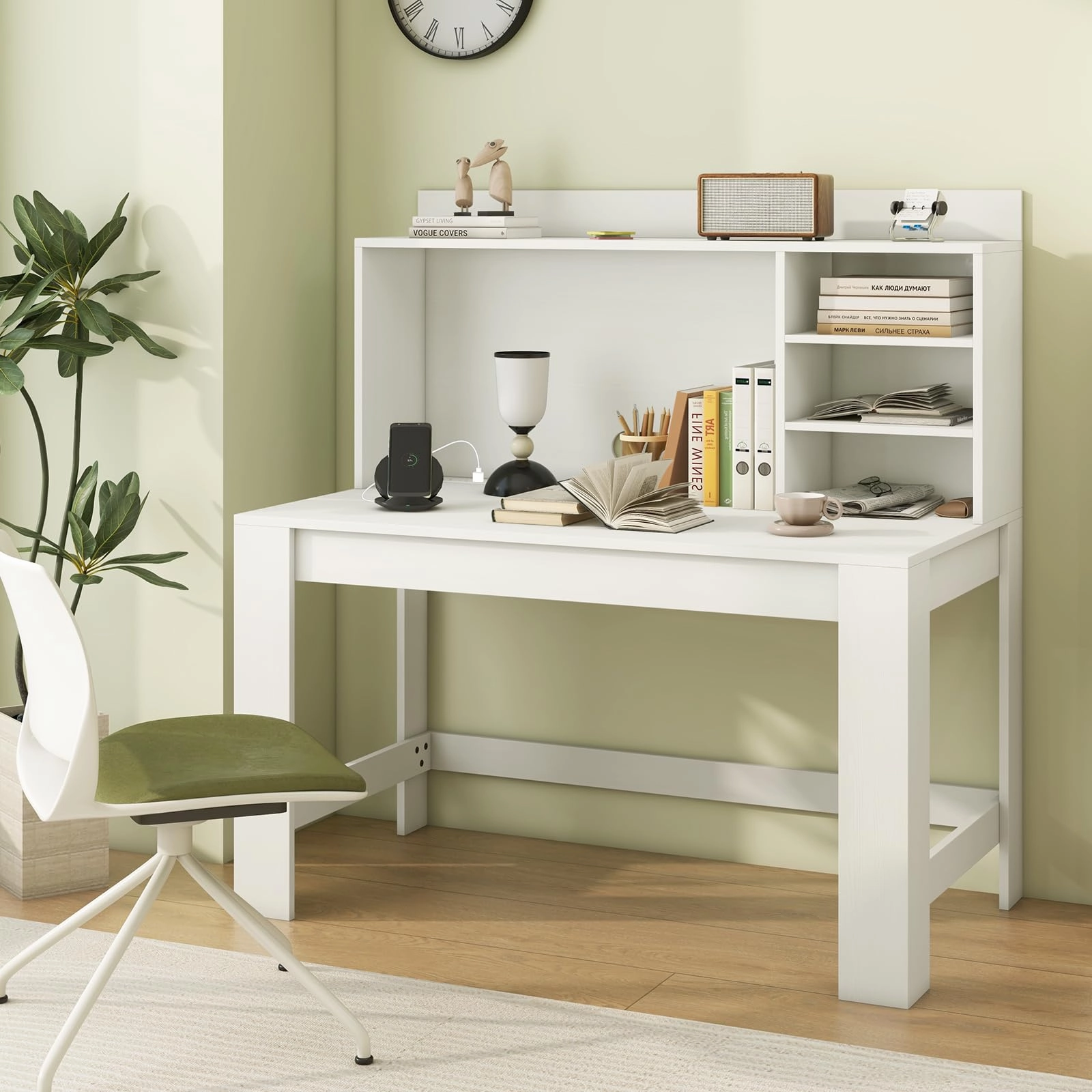 Giantex Computer Desk with Hutch, Modern Home Office Desk with Power Outlets, Storage Shelves & Cable Hole