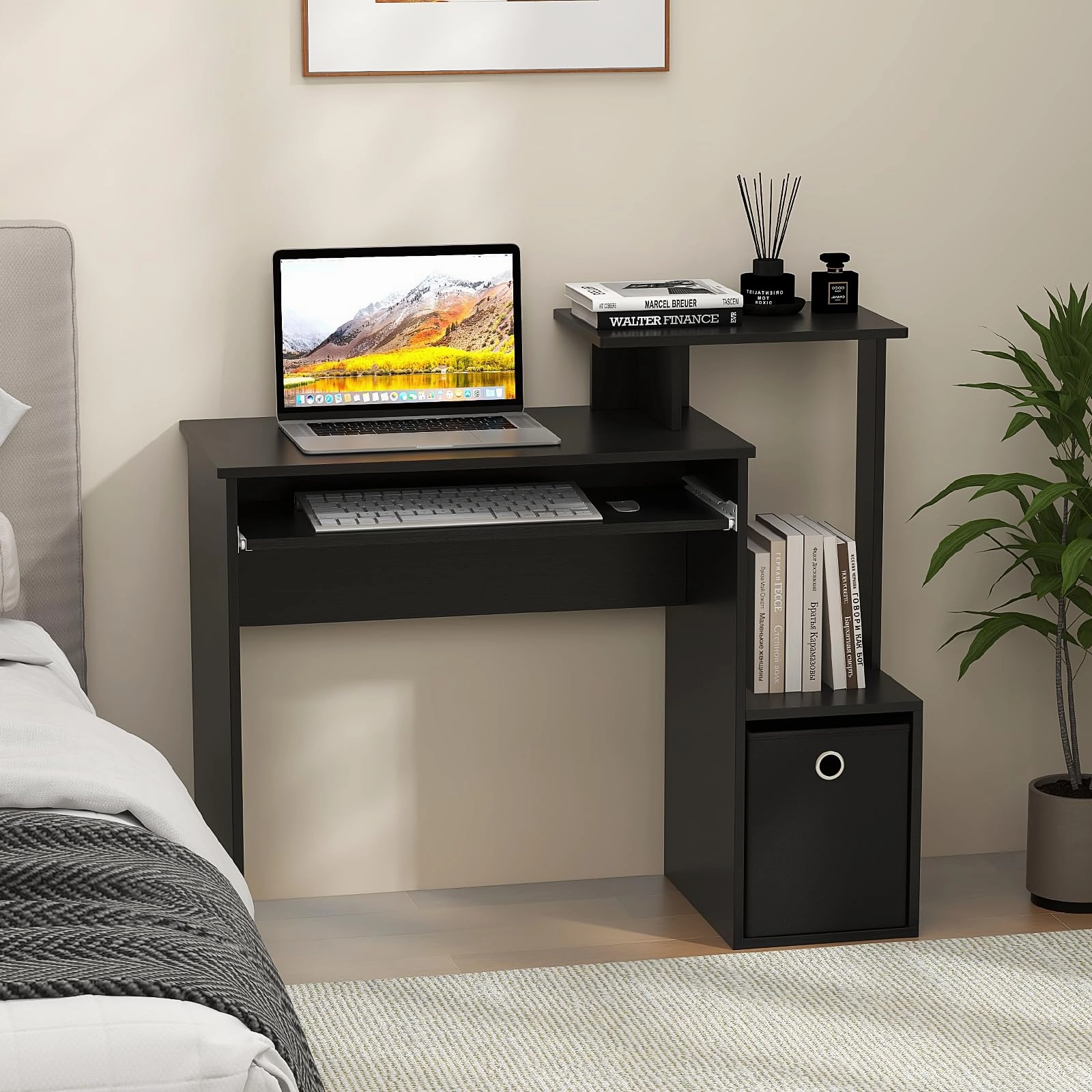 Giantex Computer Desk with Keyboard Tray, Compact Home Office Desk with Fabric Drawer & Storage Shelf