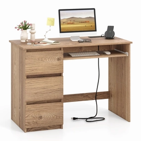 Giantex Computer Desk with Power Outlet, Modern Office Desk with Keyboard Tray & 3 Large Drawers patio decor, garden accessories
