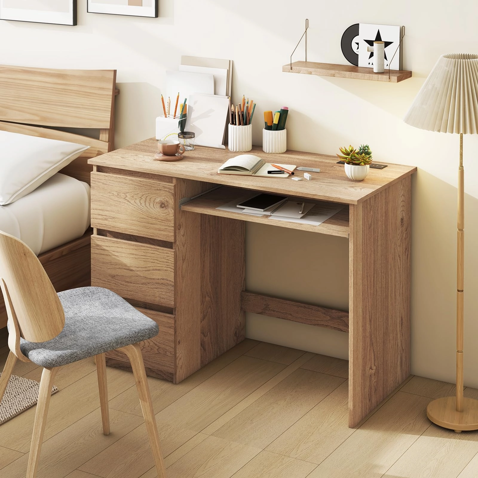 Giantex Computer Desk with Power Outlet, Modern Office Desk with Keyboard Tray & 3 Large Drawers