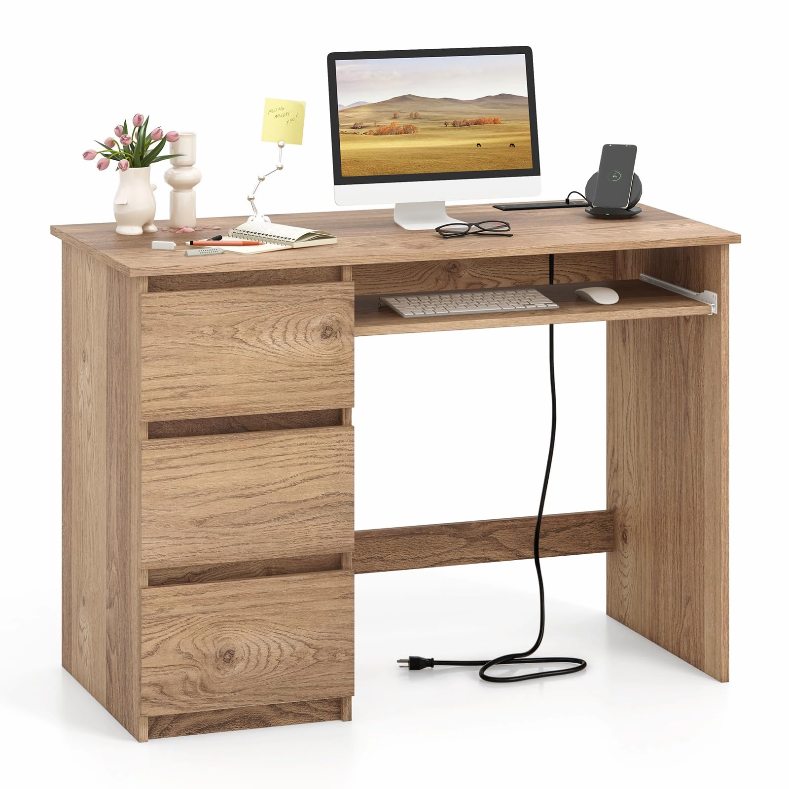 Giantex Computer Desk with Power Outlet, Modern Office Desk with Keyboard Tray & 3 Large Drawers patio decor, garden accessories