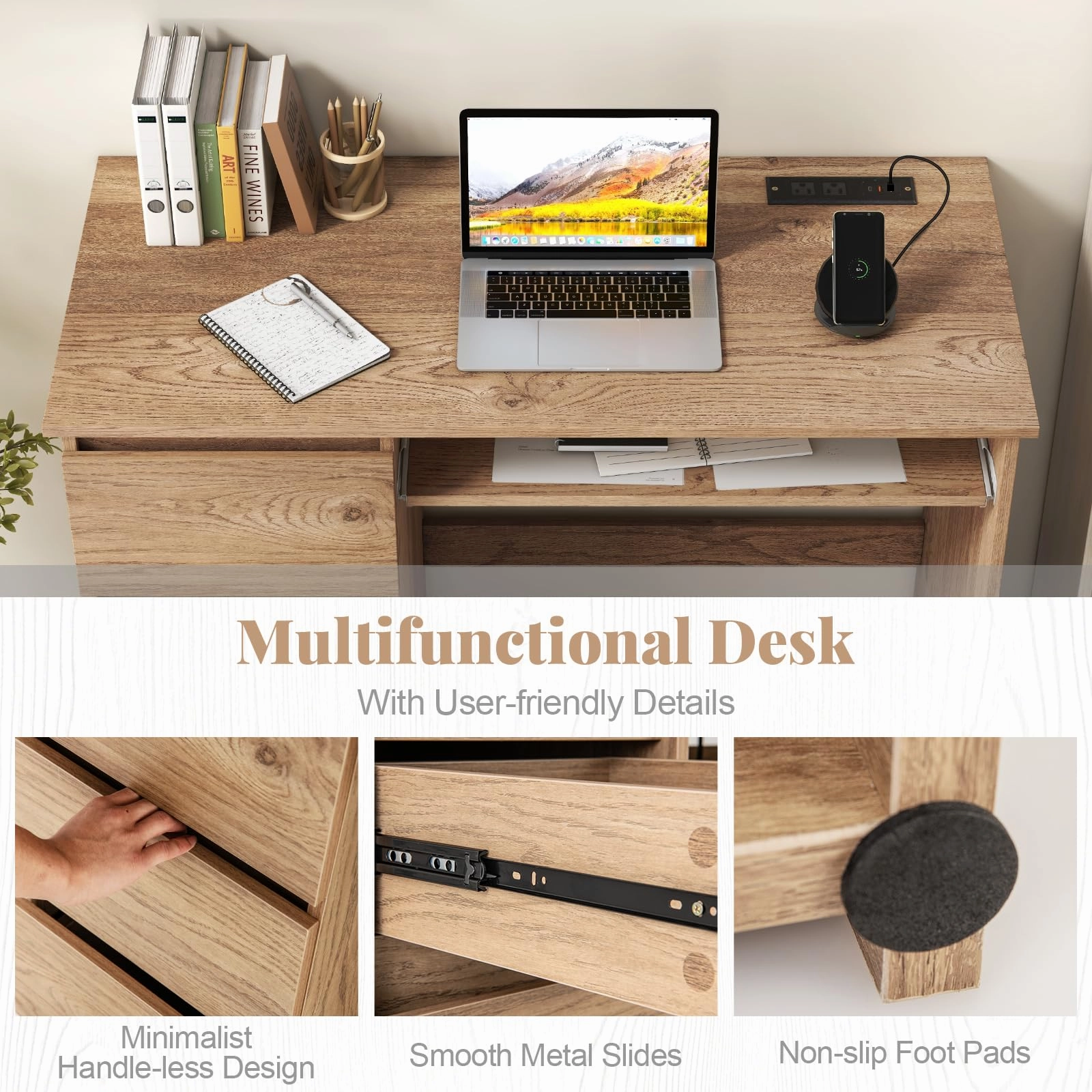 Giantex Computer Desk with Power Outlet, Modern Office Desk with Keyboard Tray & 3 Large Drawers
