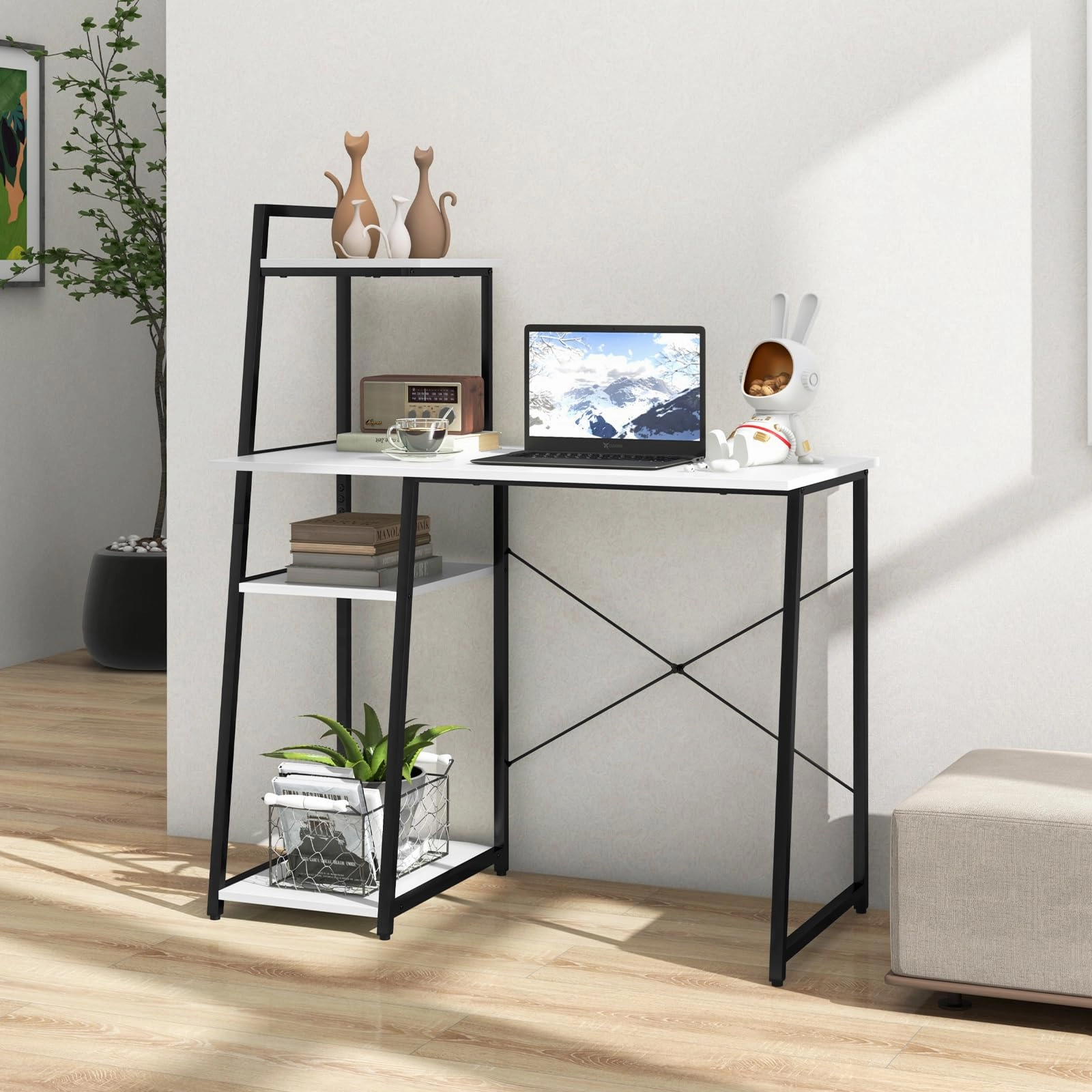 Giantex Computer Desk with Shelves, 47.5 Home Office Desk with Bookshelf, Host Stand