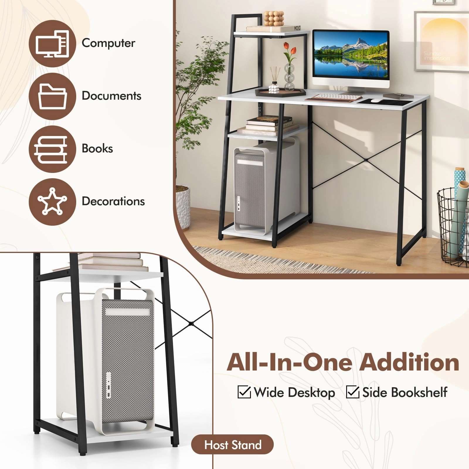 Giantex Computer Desk with Shelves, 47.5 Home Office Desk with Bookshelf, Host Stand