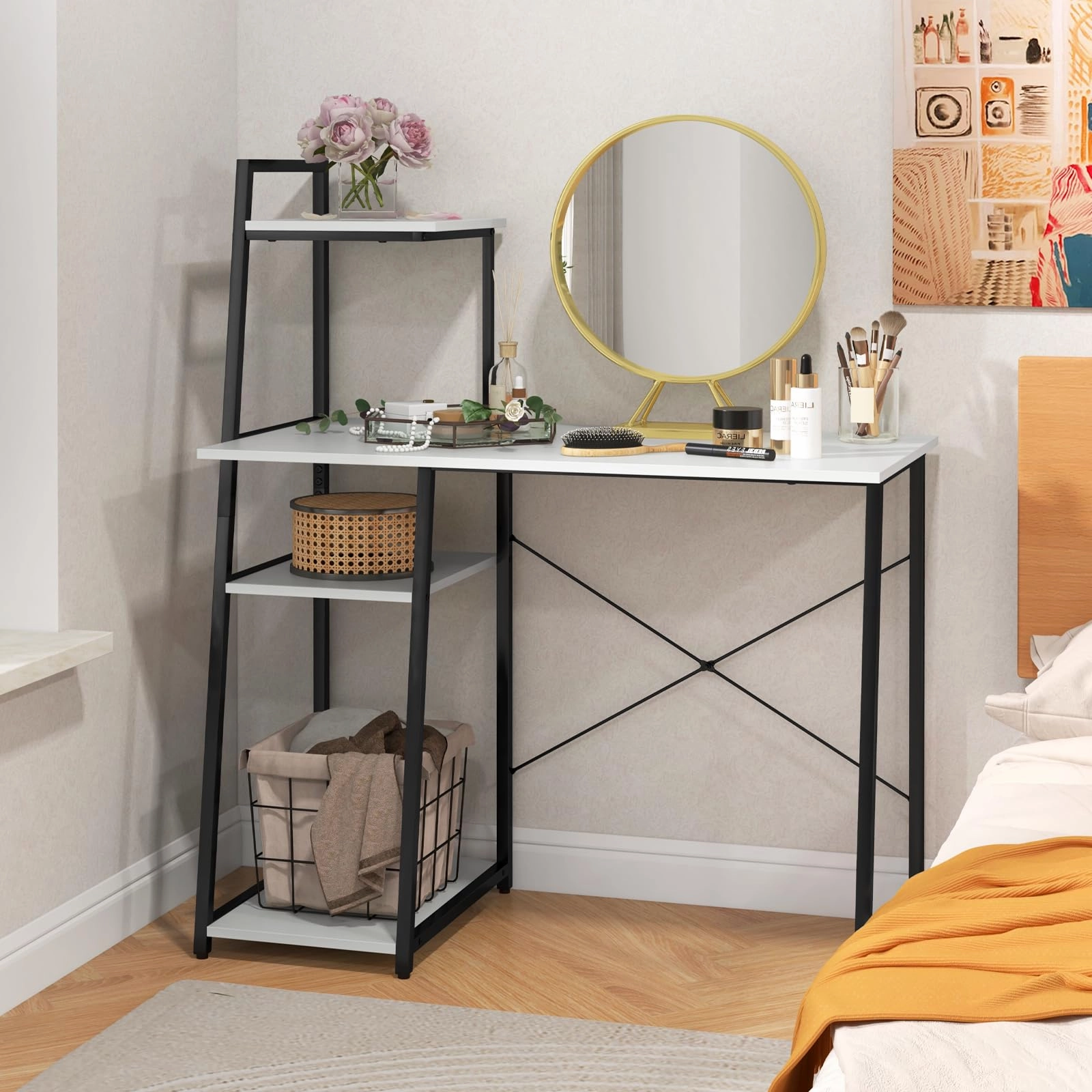 Giantex Computer Desk with Shelves, 47.5 Home Office Desk with Bookshelf, Host Stand