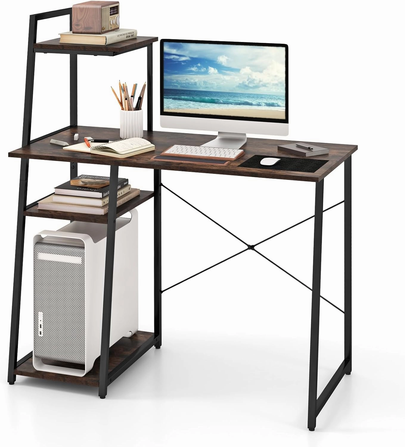 Giantex Computer Desk with Shelves, 47.5 Home Office Desk with Bookshelf, Host Stand