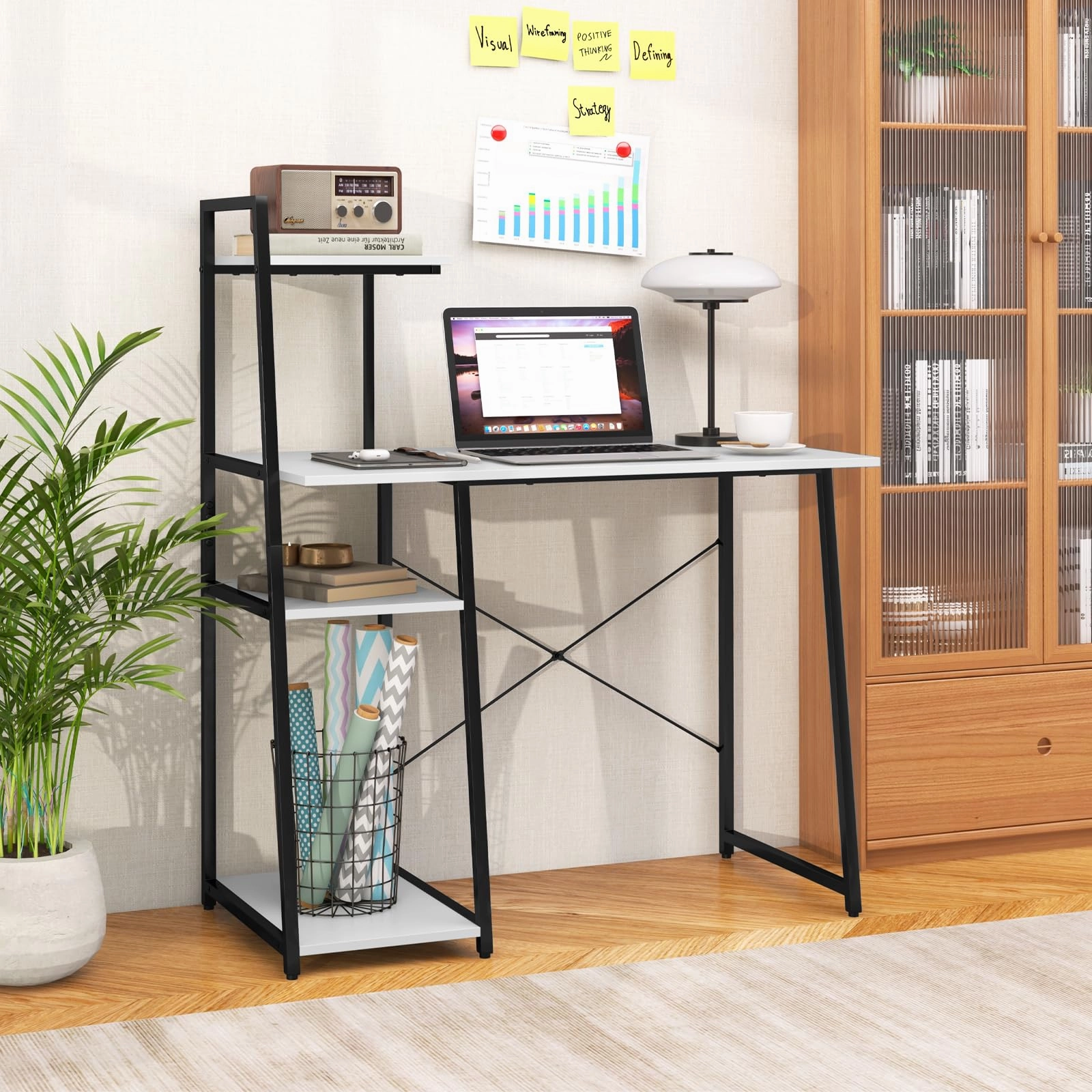 Giantex Computer Desk with Shelves, 47.5 Home Office Desk with Bookshelf, Host Stand