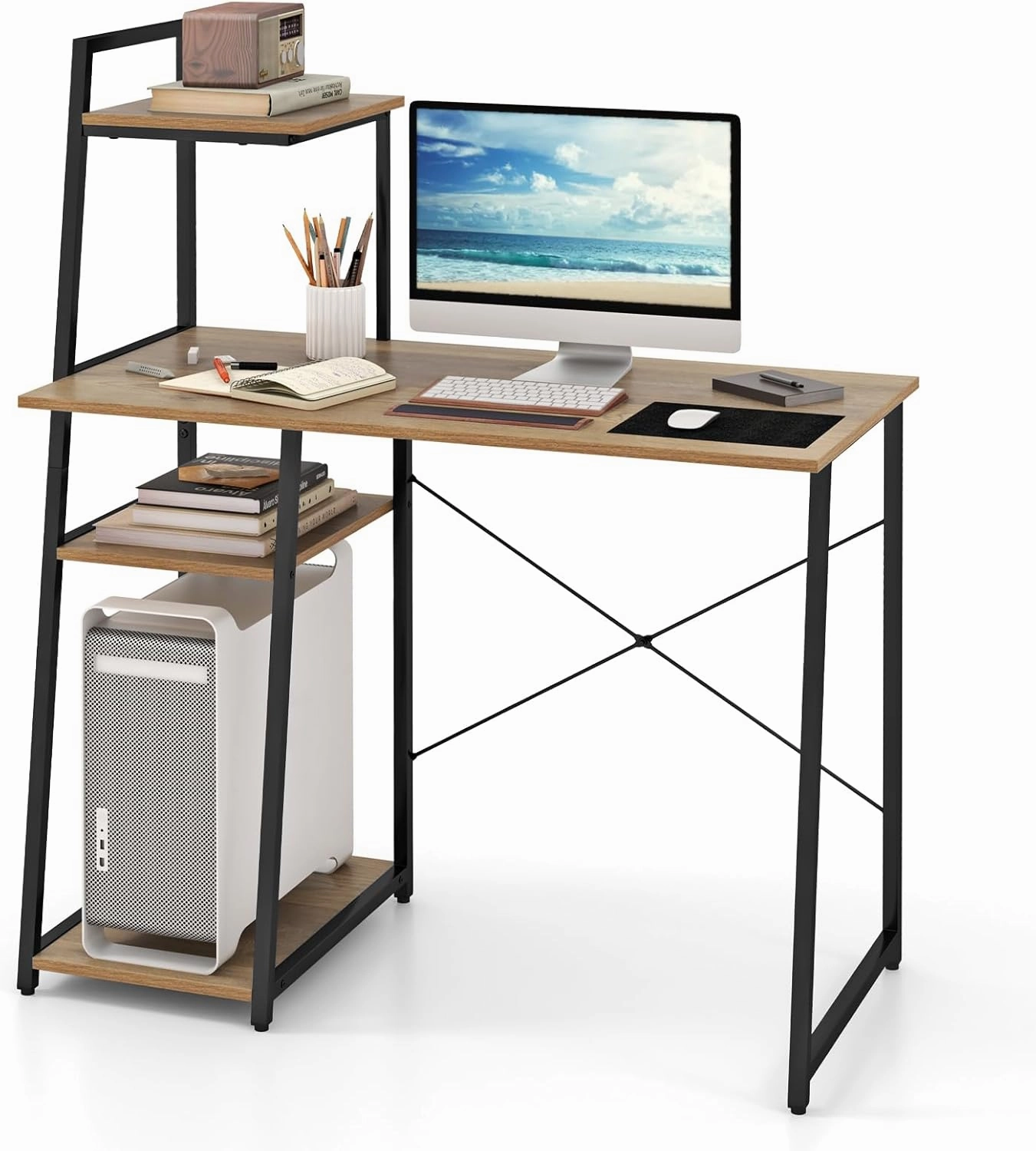 Giantex Computer Desk with Shelves, 47.5 Home Office Desk with Bookshelf, Host Stand