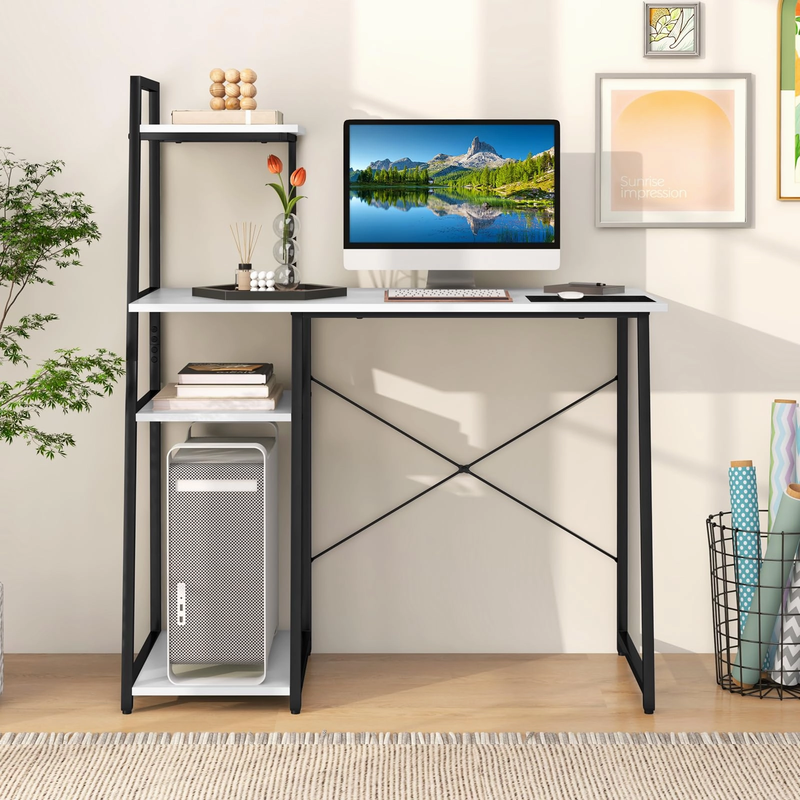 Giantex Computer Desk with Shelves, 47.5 Home Office Desk with Bookshelf, Host Stand