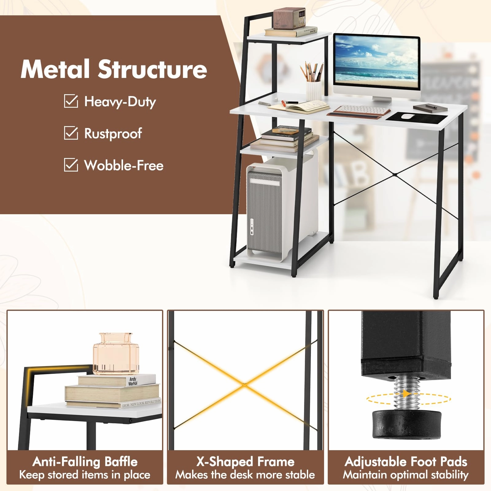Giantex Computer Desk with Shelves, 47.5 Home Office Desk with Bookshelf, Host Stand