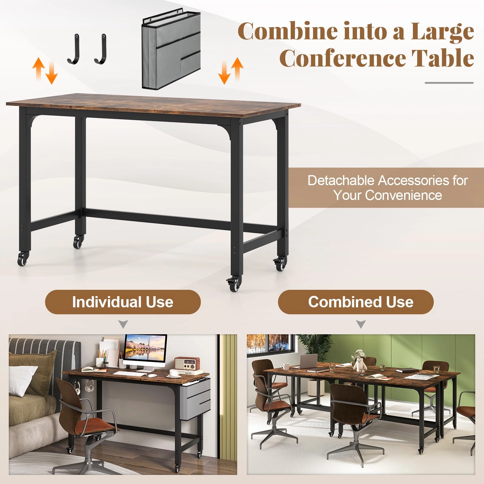 Giantex Conference Table, 48" Rectangular Mobile Meeting Room Desk with Removable Storage Bag & 2 Hanging Hooks