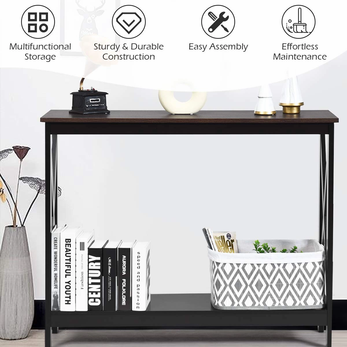 Giantex Console Table 2-Tier with Storage Shelf,X-Design Bookshelf