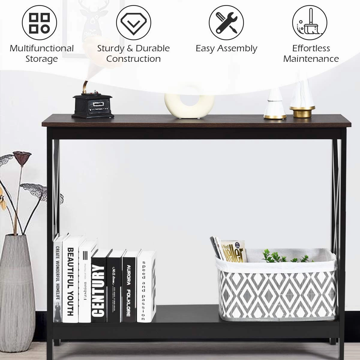 Giantex Console Table 2-Tier with Storage Shelf,X-Design Bookshelf