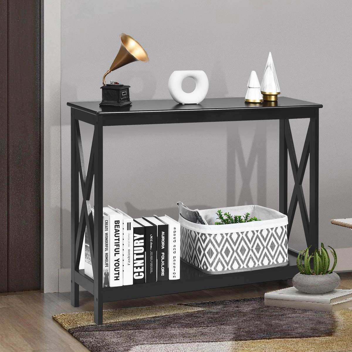 Giantex Console Table 2-Tier with Storage Shelf,X-Design Bookshelf