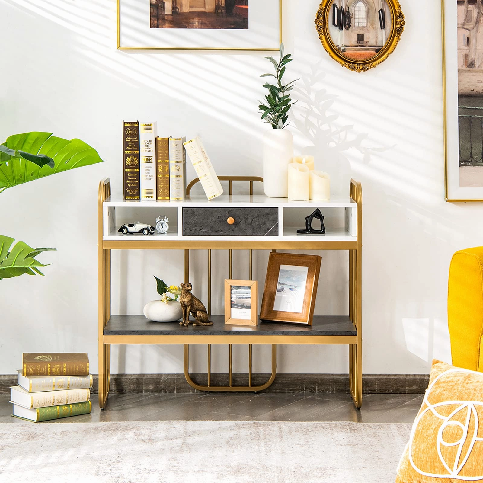 Giantex Console Table for Entryway, Sofa Table with Drawer, Storage Shelf, Metal Frame(Gold)