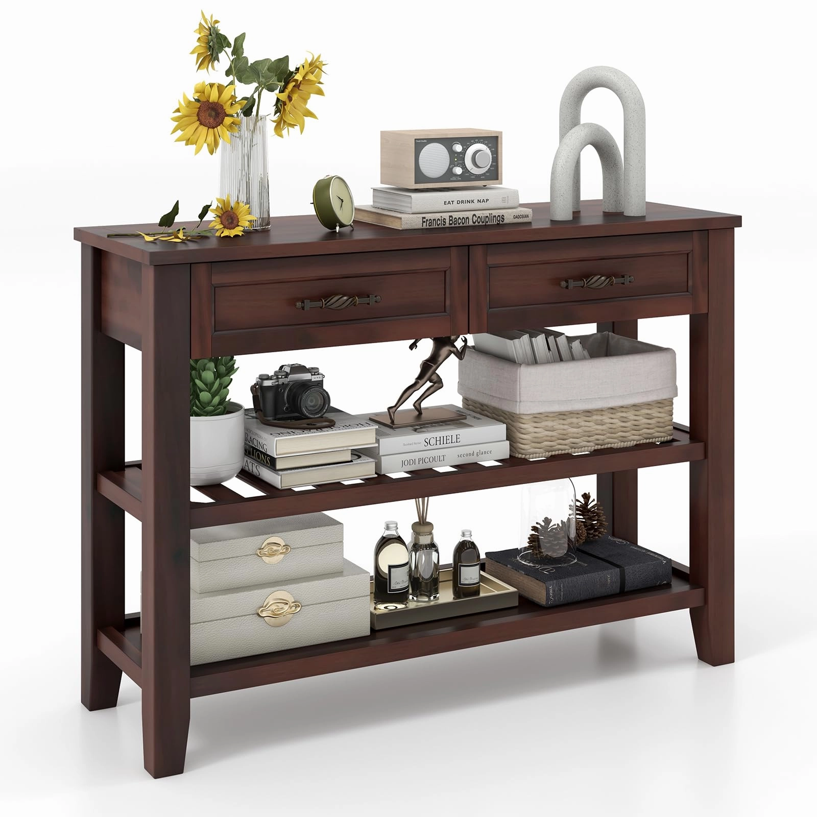 Giantex Console Table with 2 Drawers, 3-Tier Narrow Entryway Table with Storage cowhide rug, animal hide rug