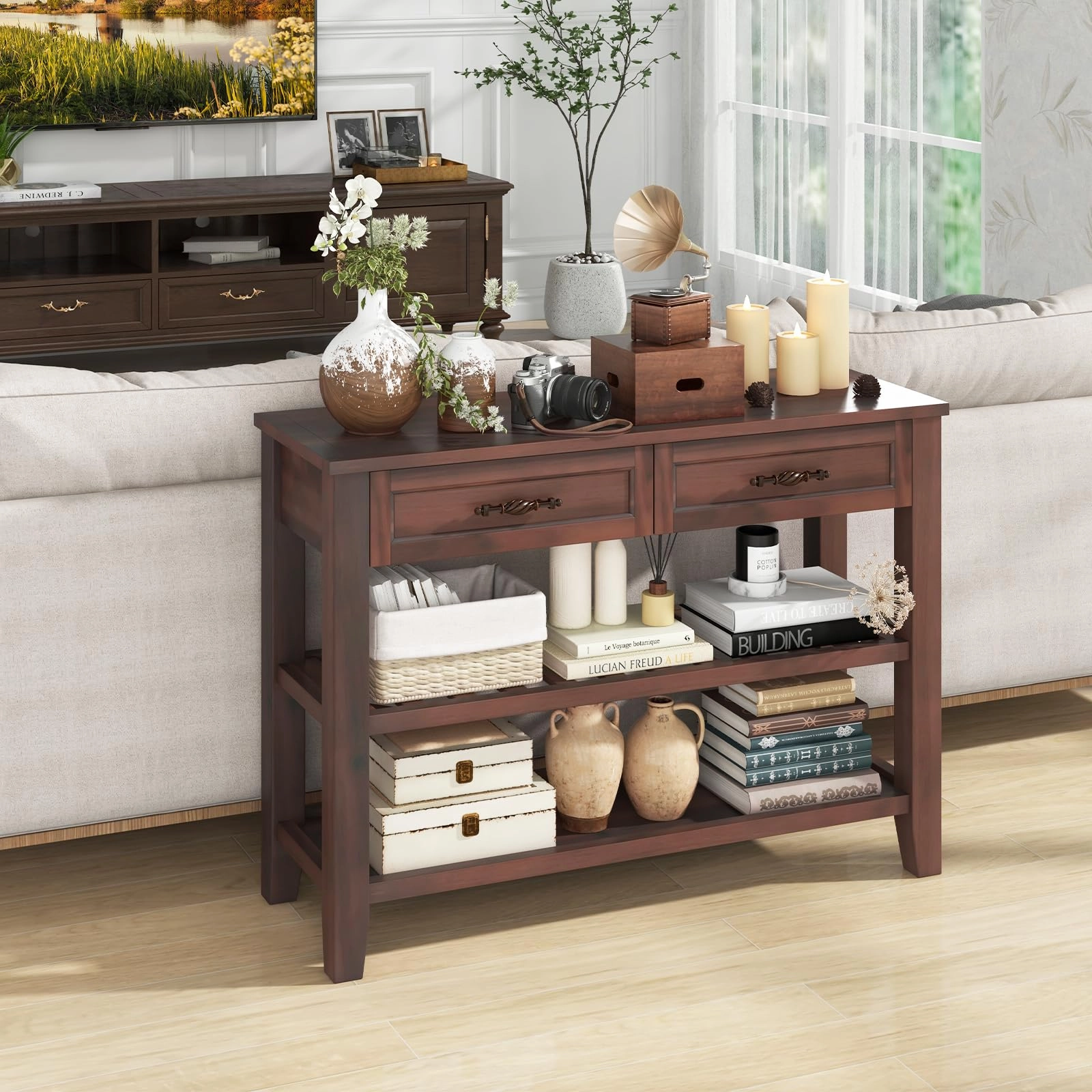 Giantex Console Table with 2 Drawers, 3-Tier Narrow Entryway Table with Storage