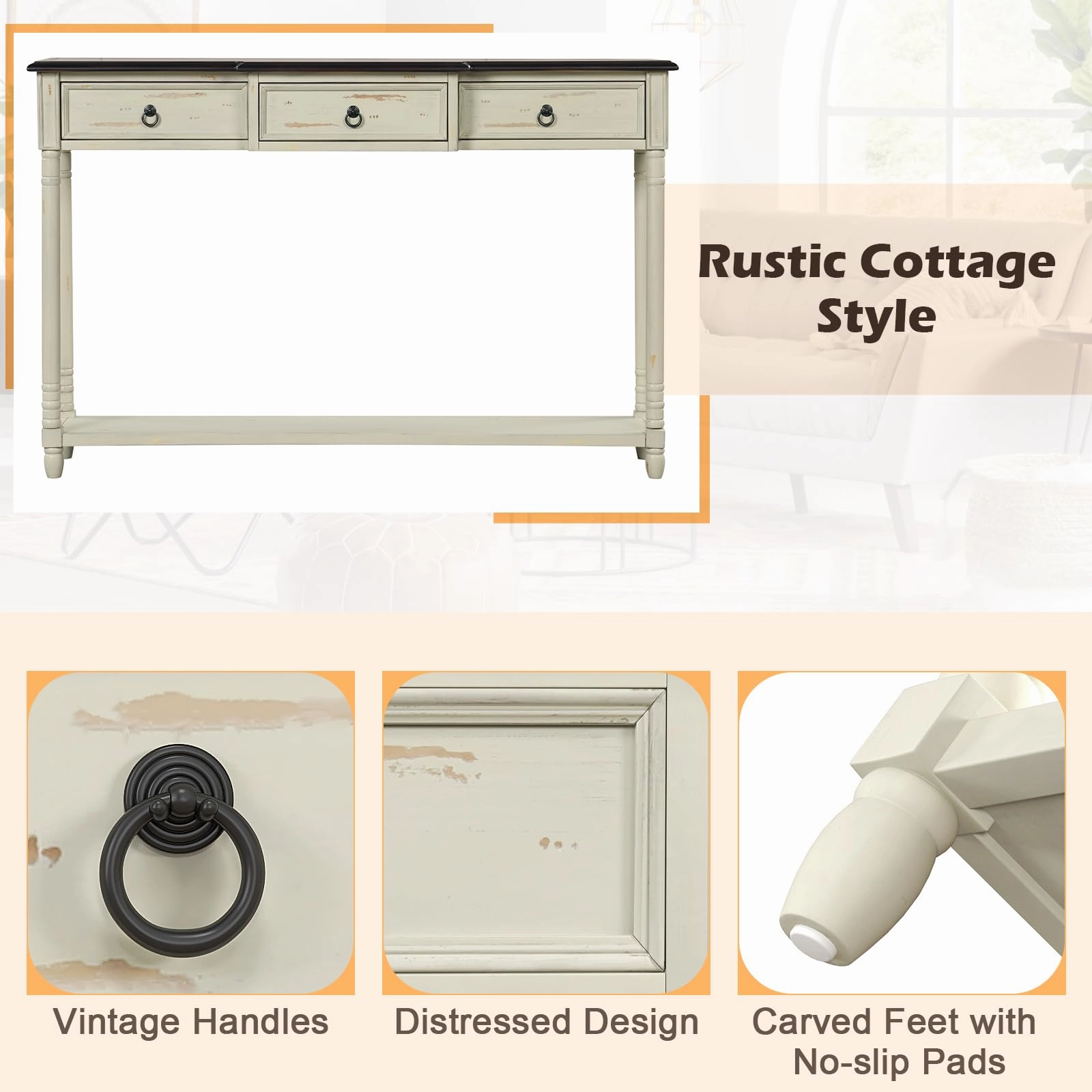 Giantex Console Table with 3 Storage Drawers - Entry Table, Rustic Farmhouse Entryway Table with Open Storage Shelf