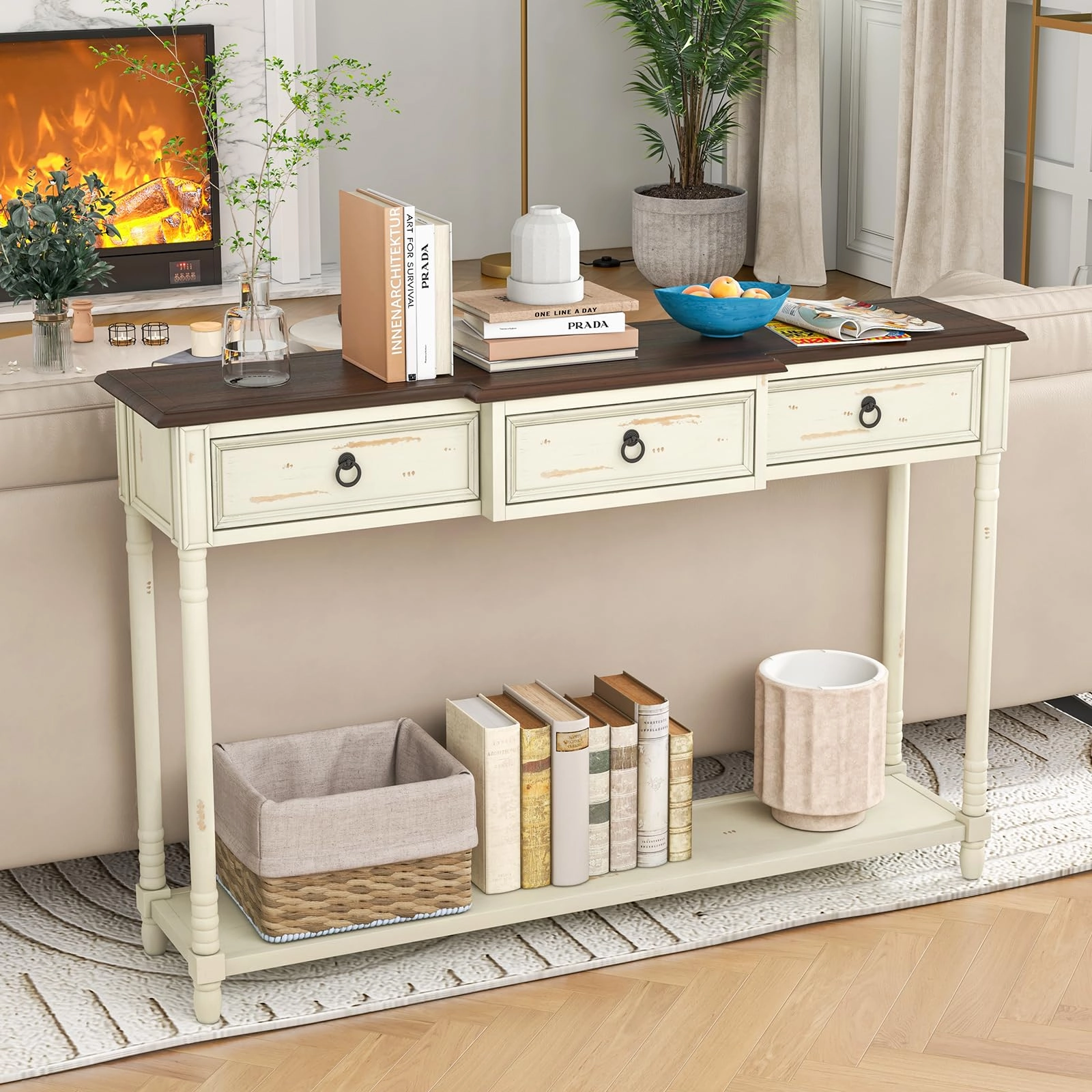 Giantex Console Table with 3 Storage Drawers - Entry Table, Rustic Farmhouse Entryway Table with Open Storage Shelf