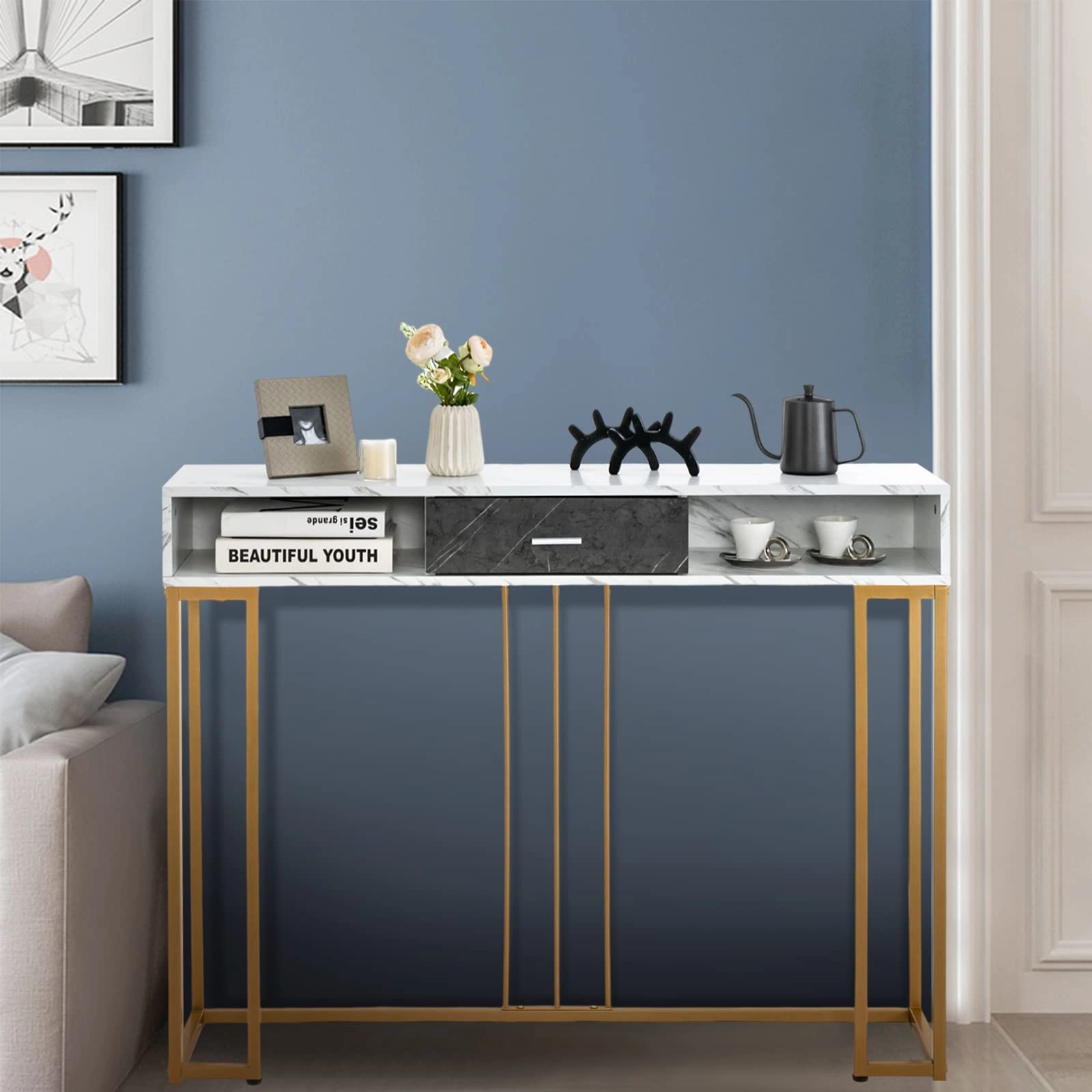 Giantex Console Table with Drawer - Sofa Side Table with Anti-Toppling Device & Adjustable Foot Pads