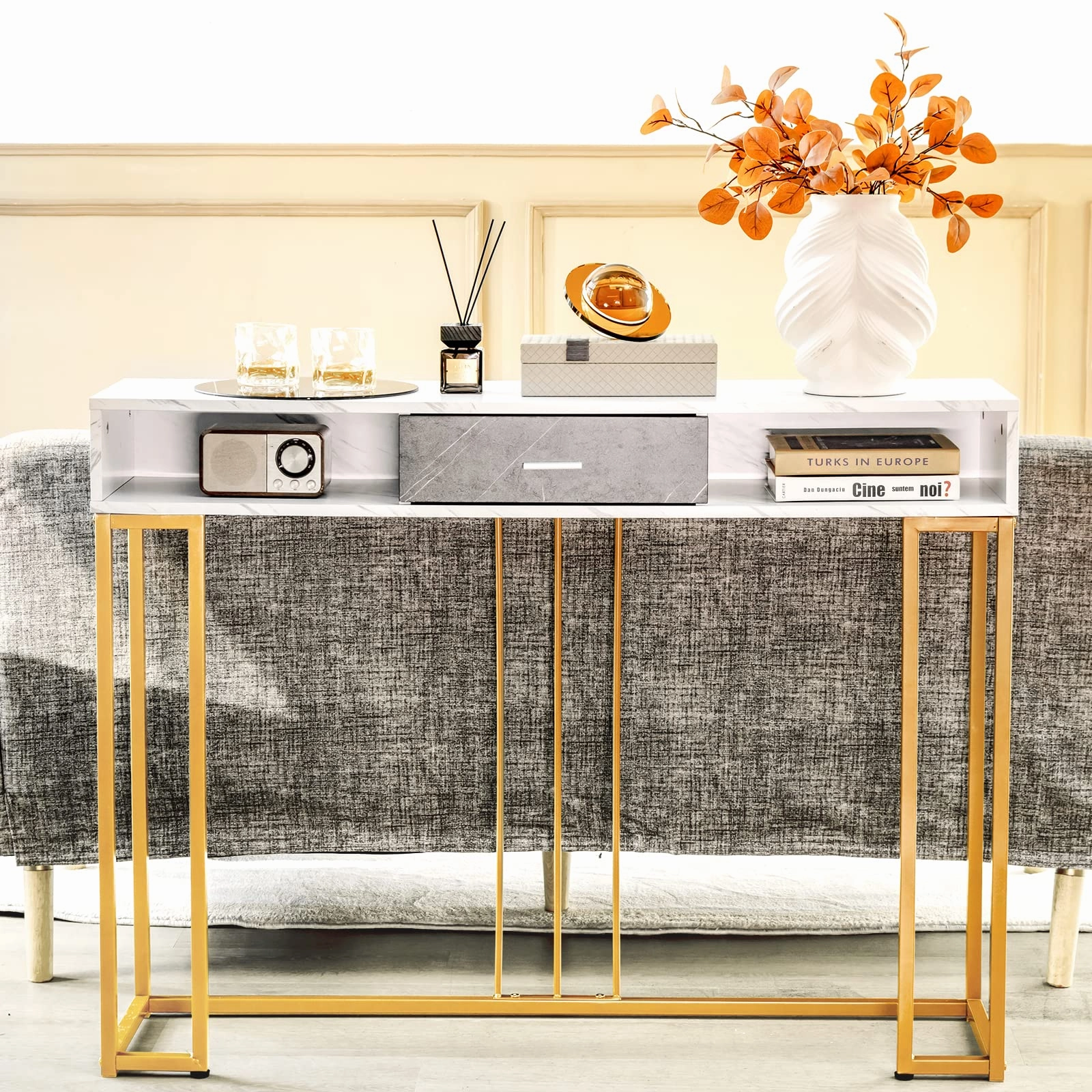 Giantex Console Table with Drawer - Sofa Side Table with Anti-Toppling Device & Adjustable Foot Pads
