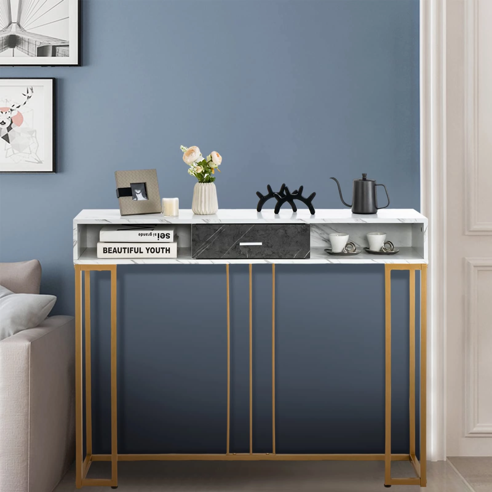 Giantex Console Table with Drawer - Sofa Side Table with Anti-Toppling Device & Adjustable Foot Pads