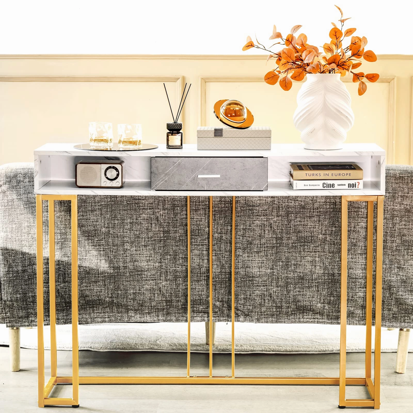 Giantex Console Table with Drawer - Sofa Side Table with Anti-Toppling Device & Adjustable Foot Pads