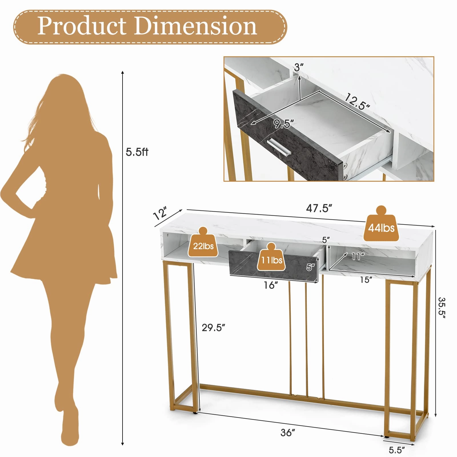 Giantex Console Table with Drawer - Sofa Side Table with Anti-Toppling Device & Adjustable Foot Pads